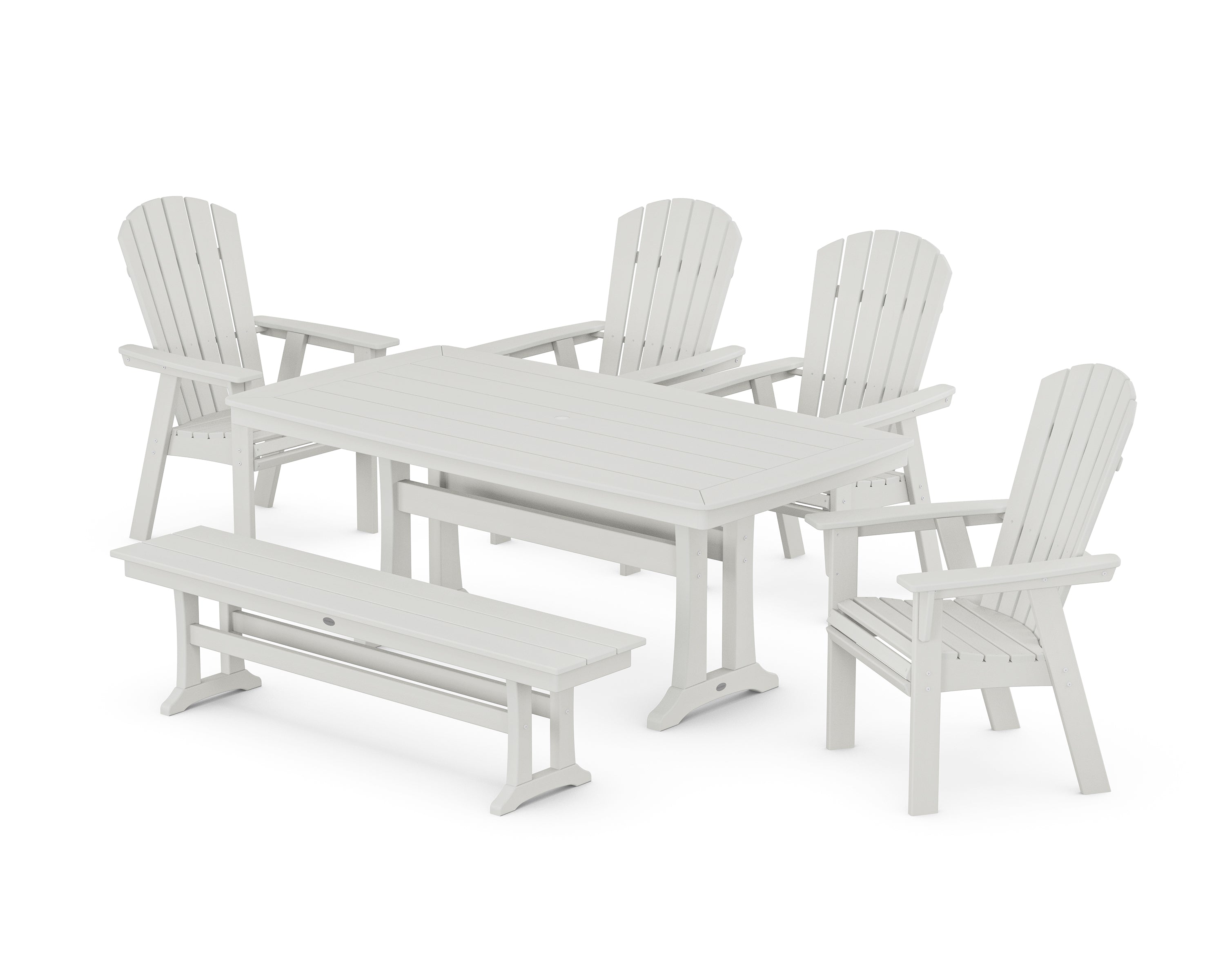 POLYWOOD Nautical Curveback Adirondack 6-Piece Dining Set with Trestle Legs and Bench in Vintage White
