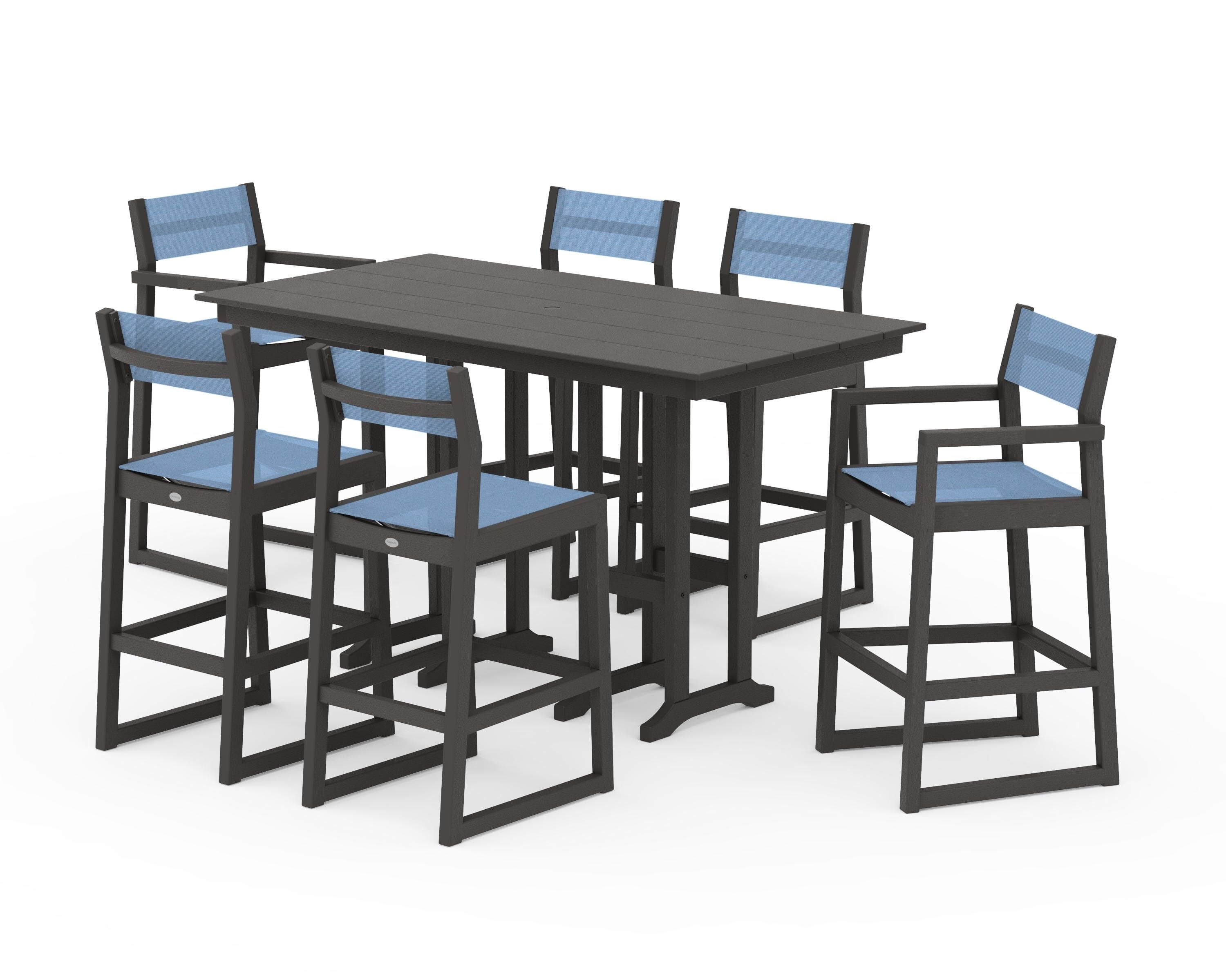 POLYWOOD EDGE Sling 7-Piece Farmhouse Bar Set in Vintage Coffee / Poolside Sling