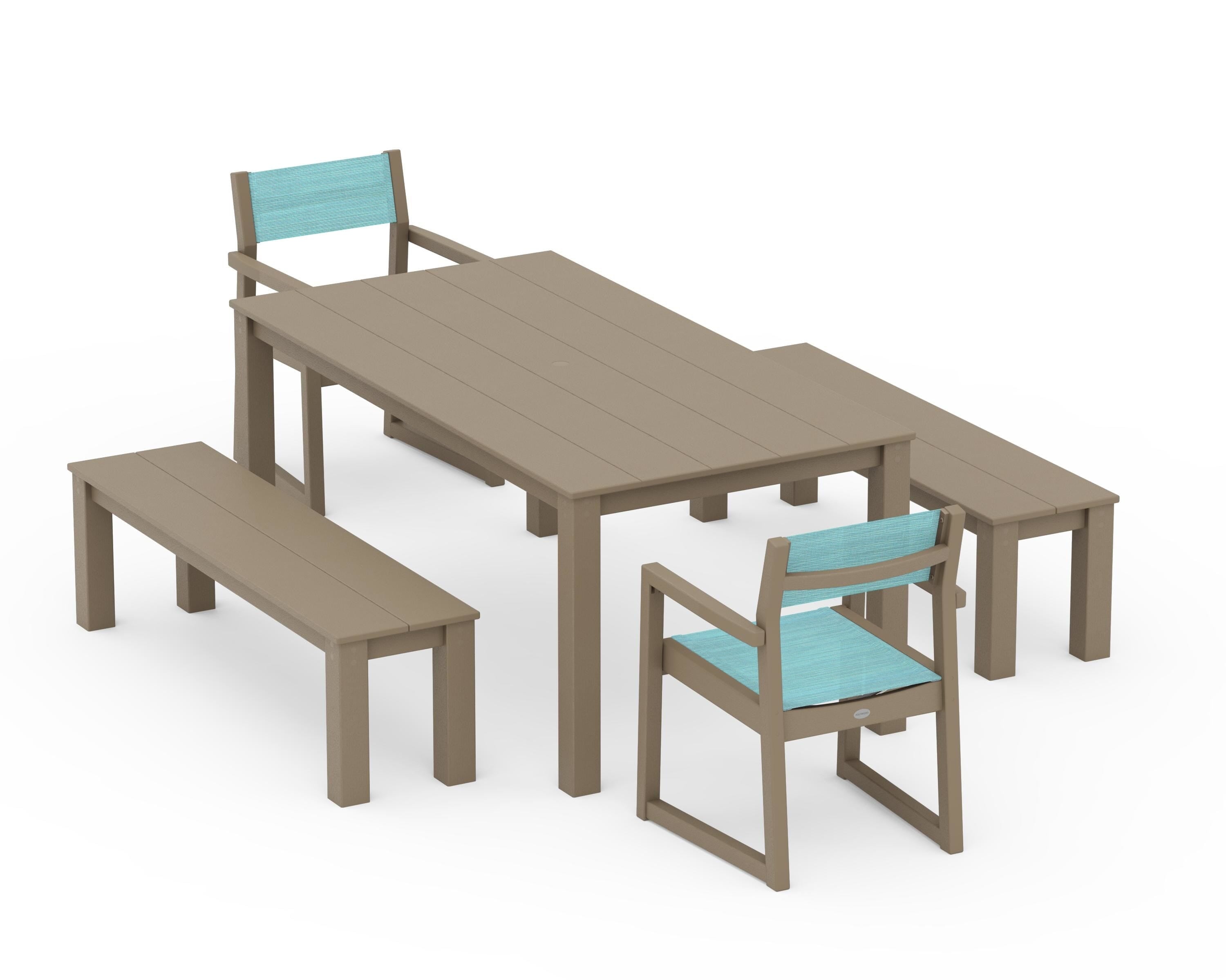 POLYWOOD EDGE Sling Arm Chair 5-Piece Parsons Dining Set with Benches in Vintage Sahara / Dupioni Aquamarine Sling