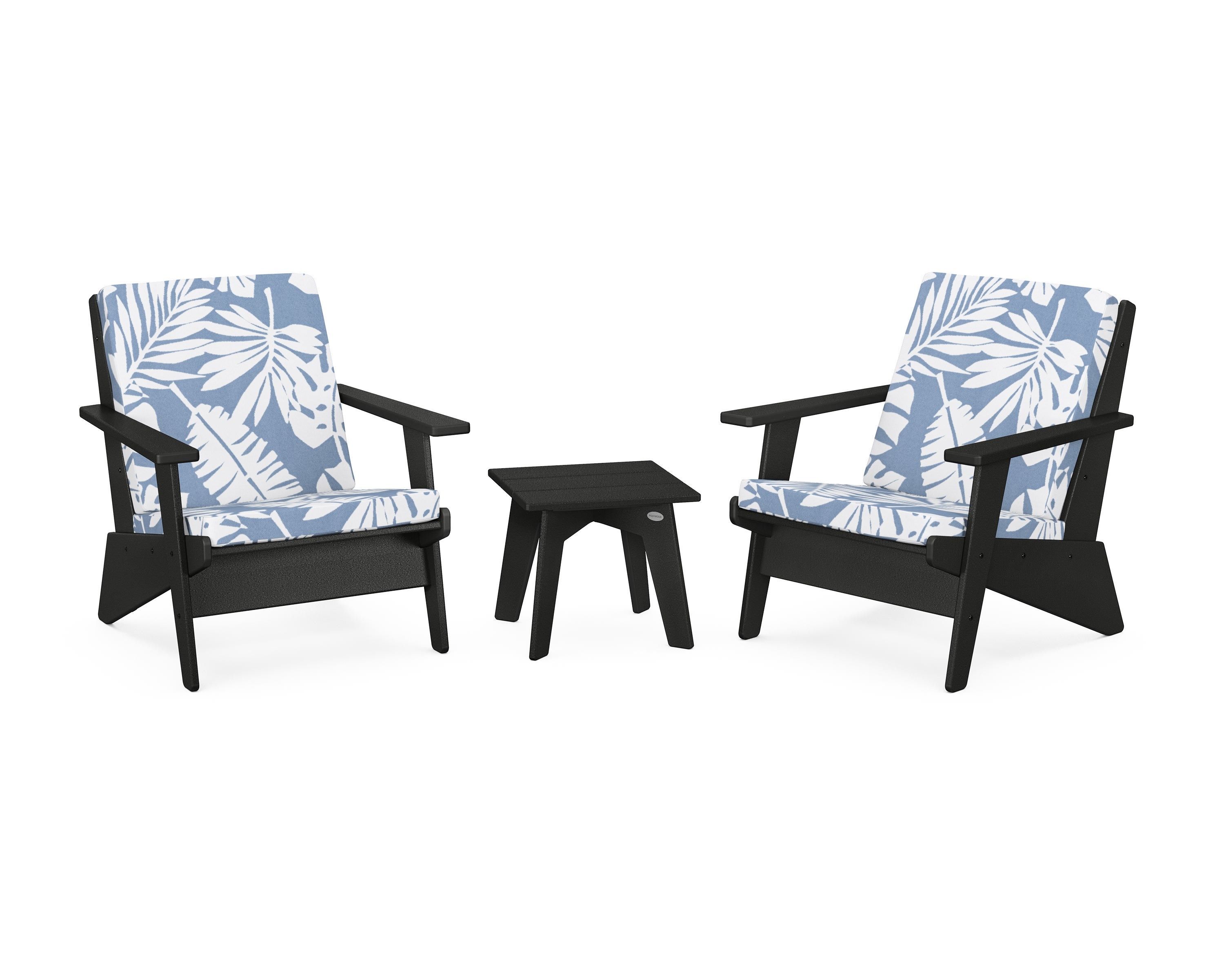 POLYWOOD Riviera Modern Lounge 3-Piece Set in Black / Leaf Sky Blue