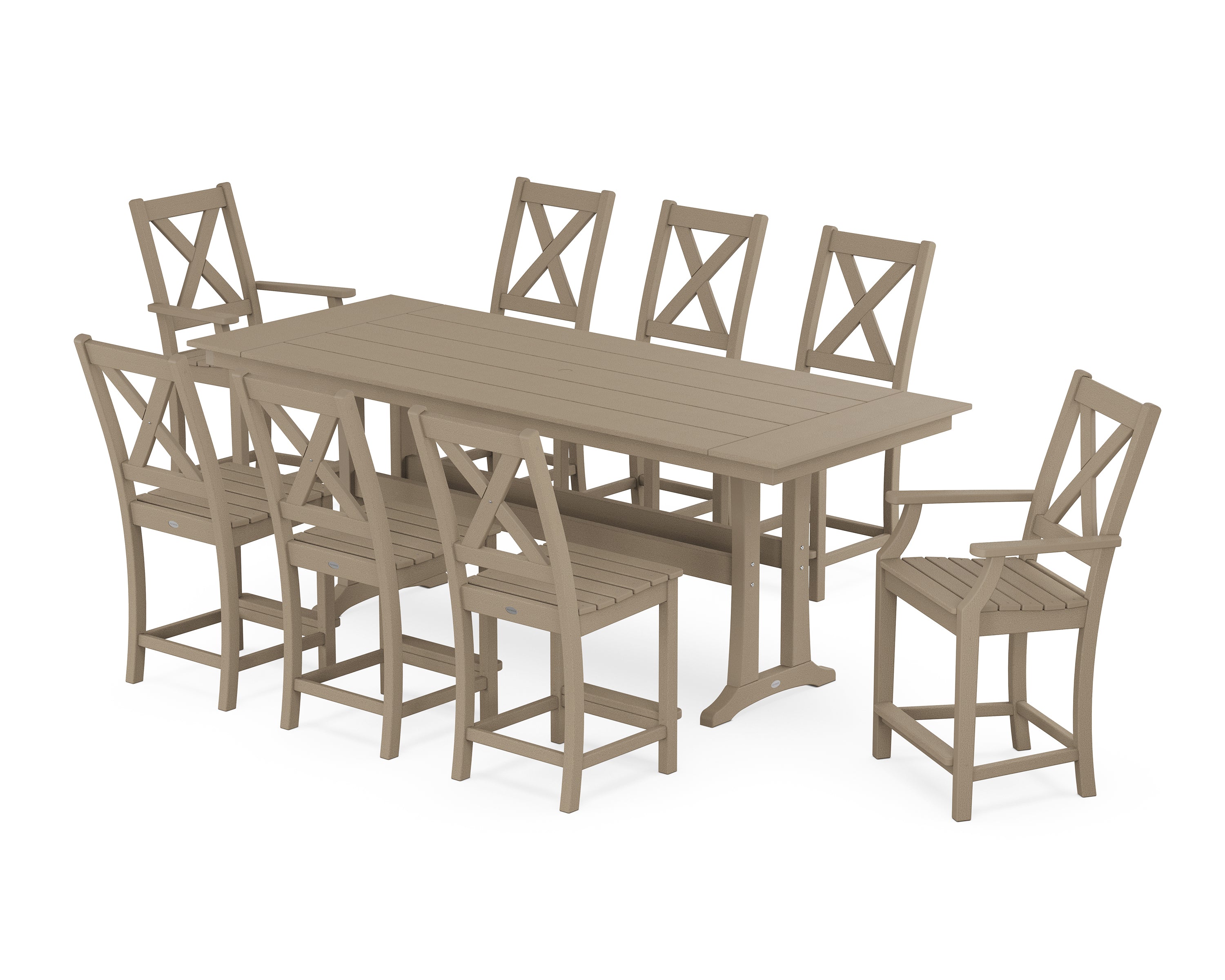 POLYWOOD Braxton 9-Piece Farmhouse Counter Set with Trestle Legs in Vintage Sahara