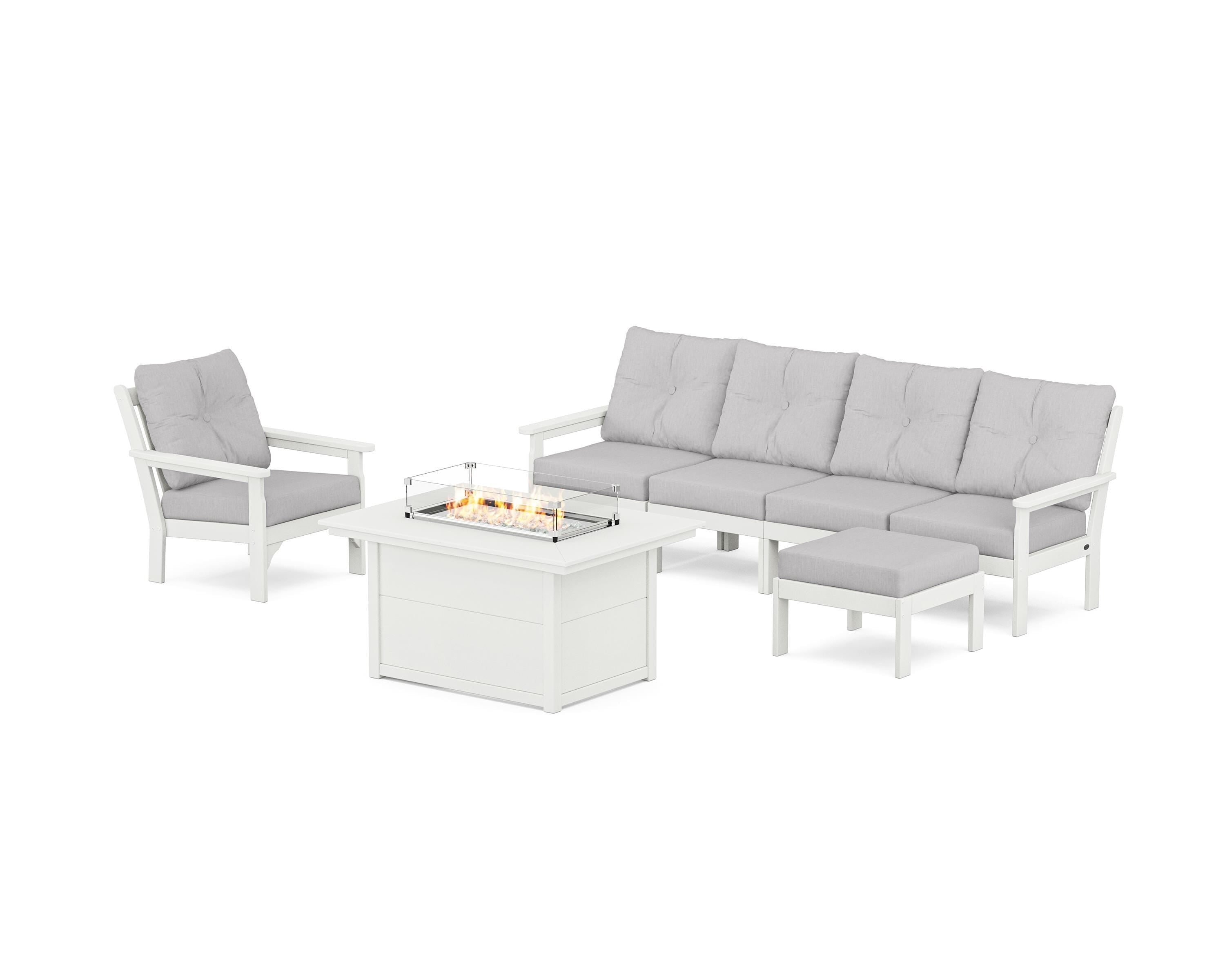 POLYWOOD Vineyard Sectional Lounge and Fire Pit Set in Vintage White / Granite