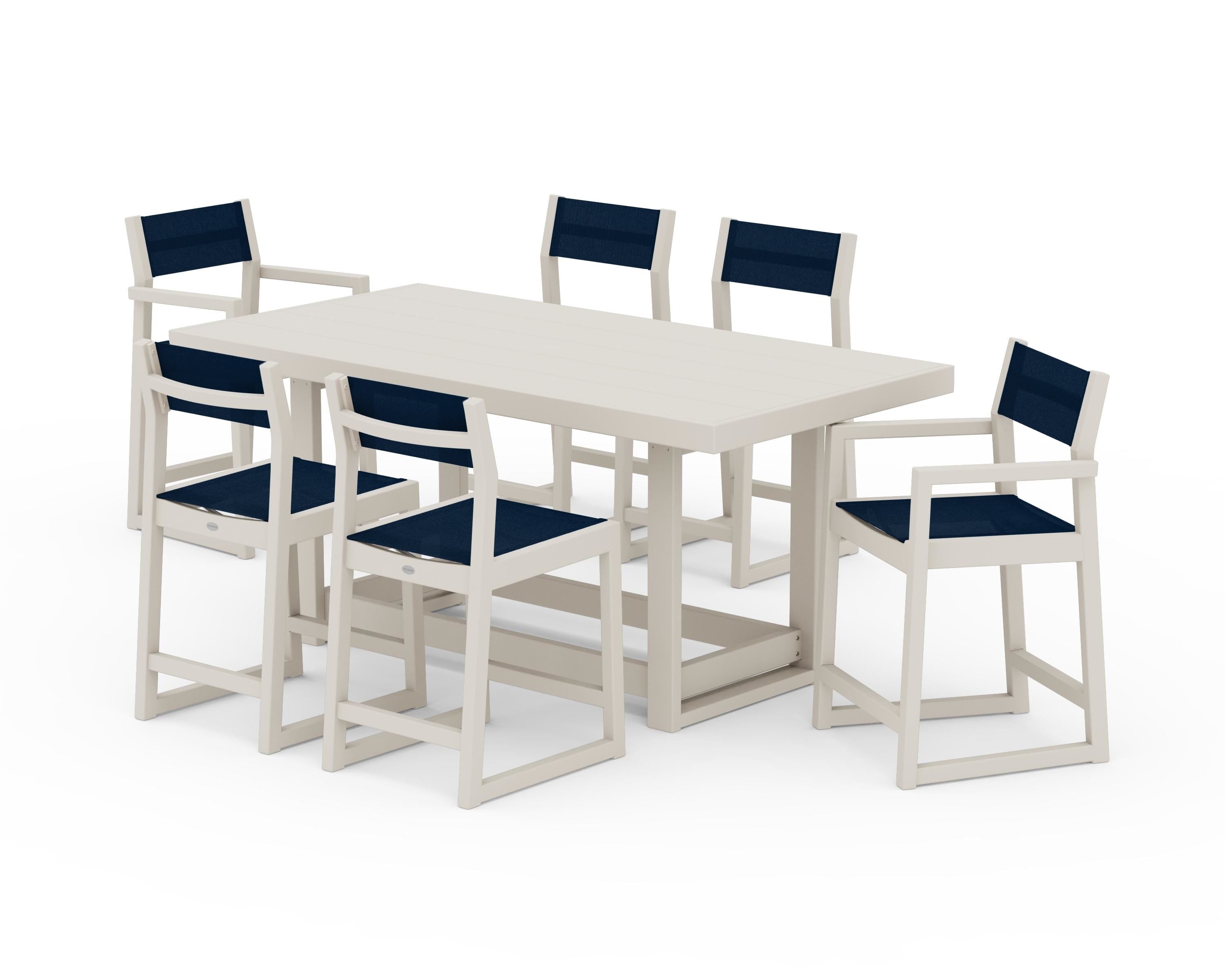 POLYWOOD EDGE Sling 7-Piece Counter Table Set in Sand / Navy Blue Sling
