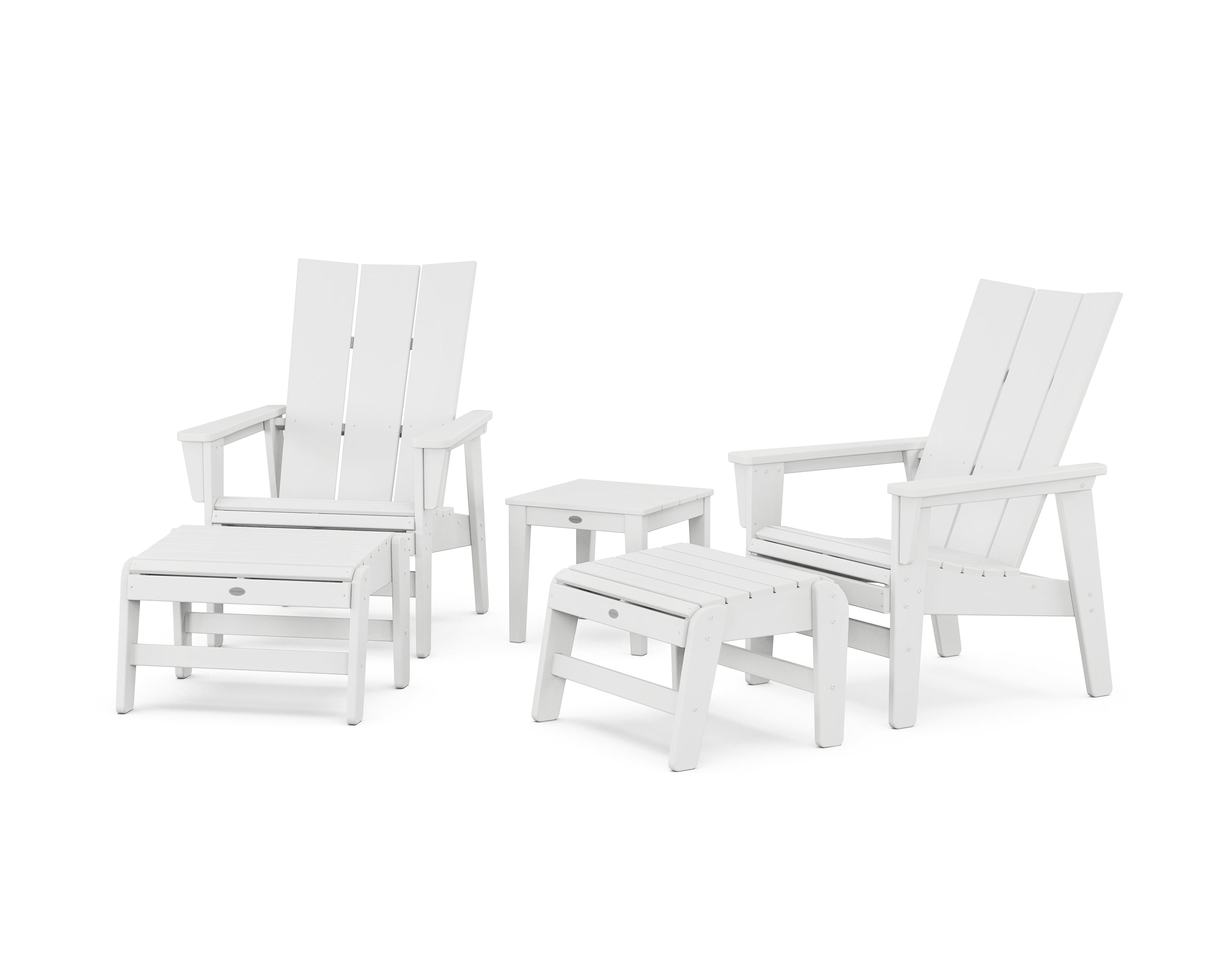 POLYWOOD 5-Piece Modern Grand Upright Adirondack Set with Ottomans and Side Table in White