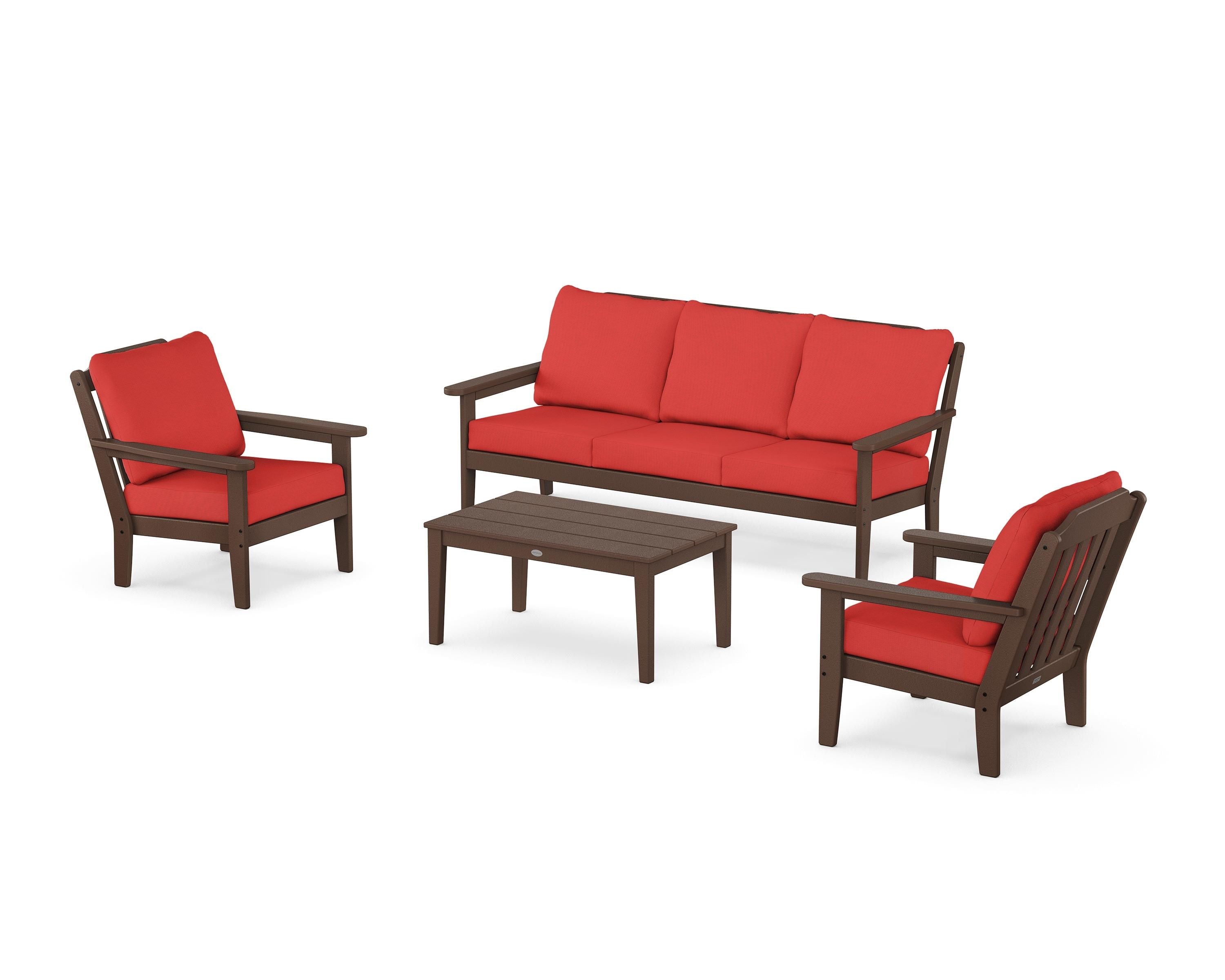 Country Living Cottage 4-Piece Deep Seating Set with Sofa in Mahogany / Crimson Linen