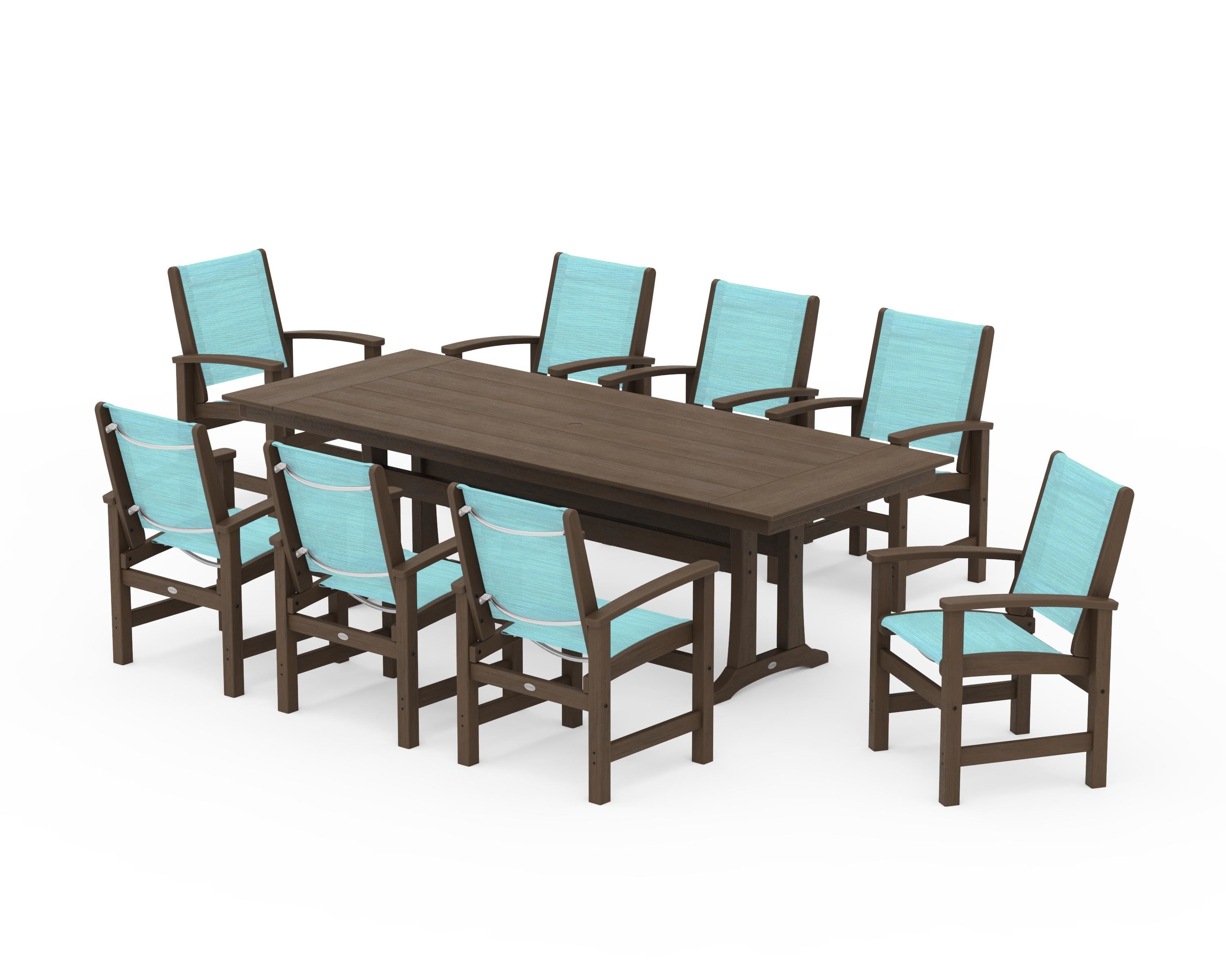 POLYWOOD Coastal 9-Piece Farmhouse Dining Set with Trestle Legs in Kona / Dupioni Aquamarine Sling