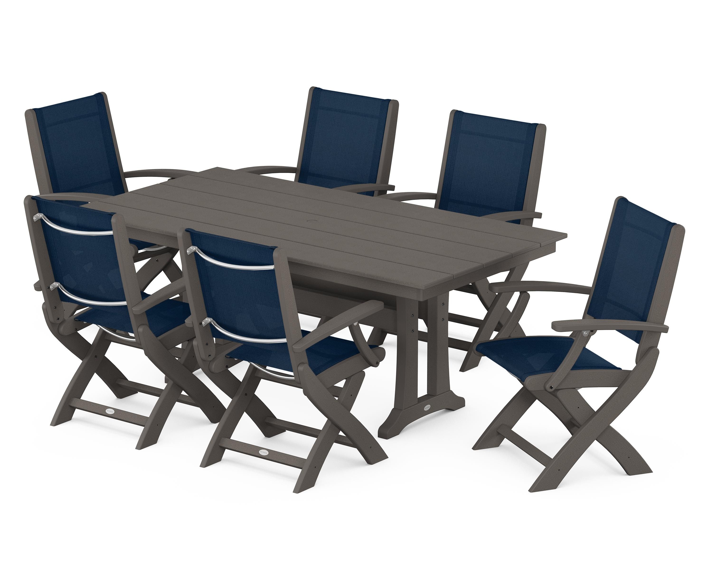POLYWOOD Coastal Folding Arm Chair 7-Piece Farmhouse Dining Set with Trestle Legs in Vintage Coffee / Navy Blue Sling