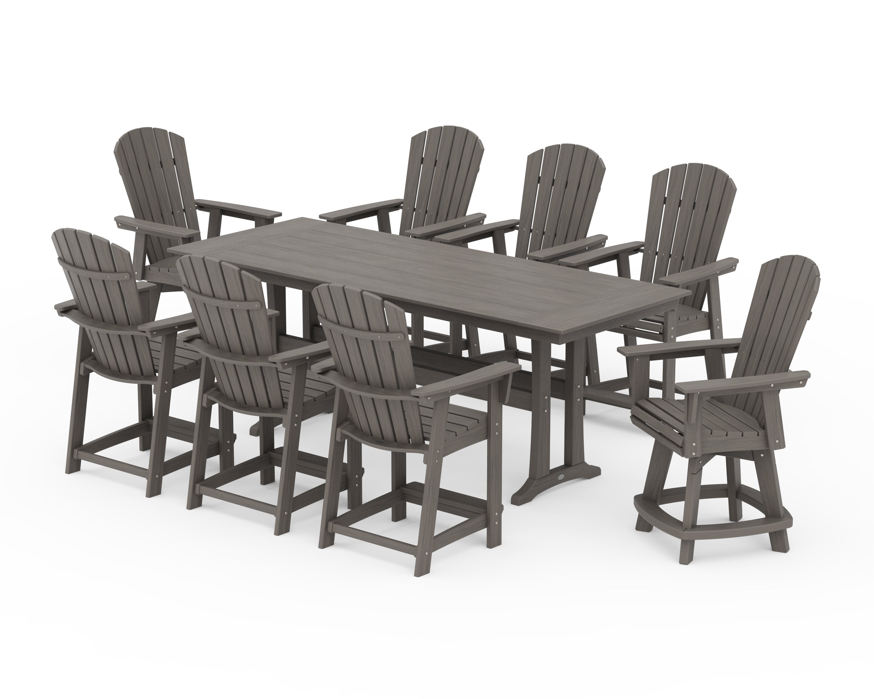 POLYWOOD Nautical Curveback Adirondack Swivel Chair 9-Piece Farmhouse Counter Set with Trestle Legs in Driftwood