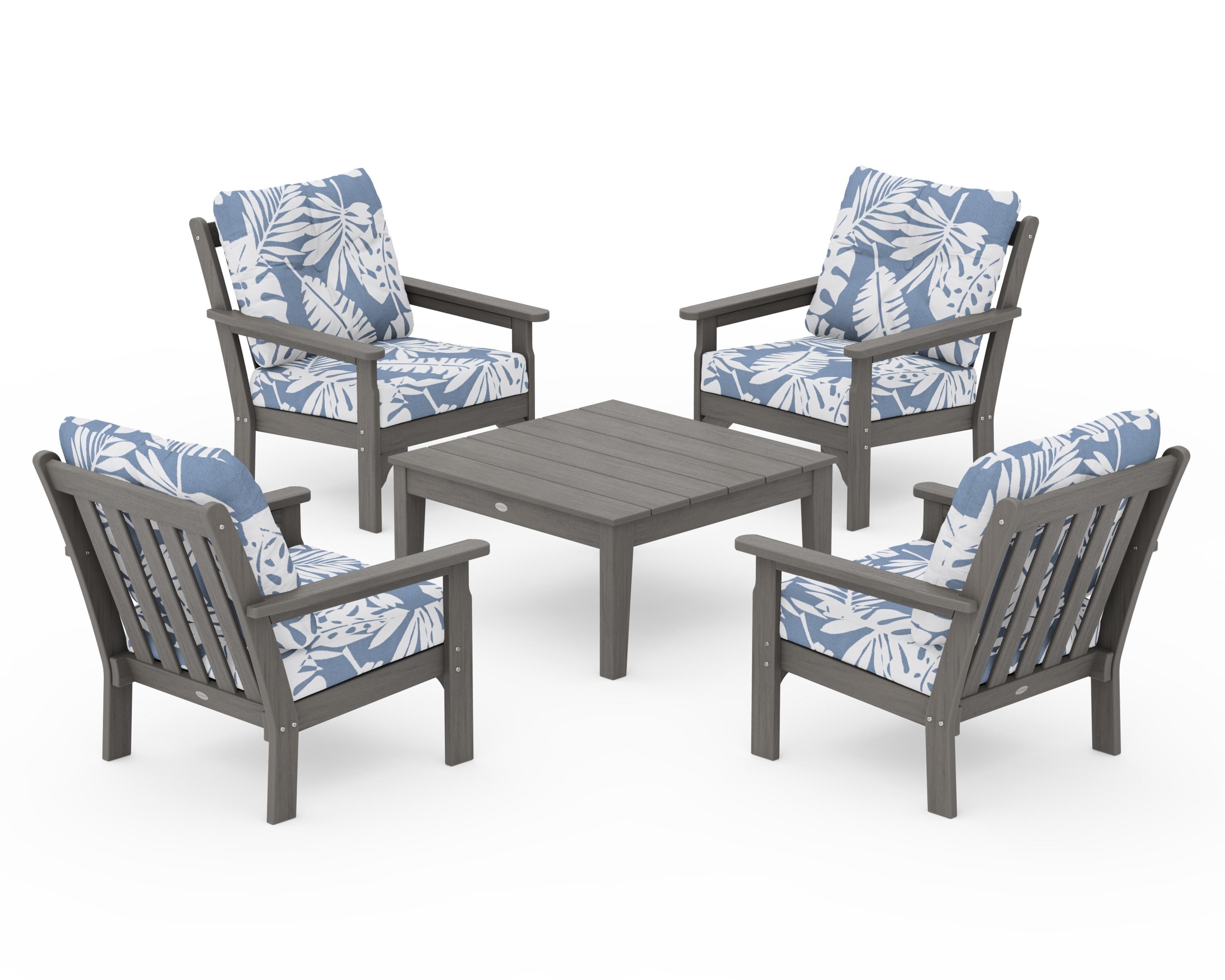 POLYWOOD Vineyard 5-Piece Deep Seating Conversation Set in Driftwood / Leaf Sky Blue