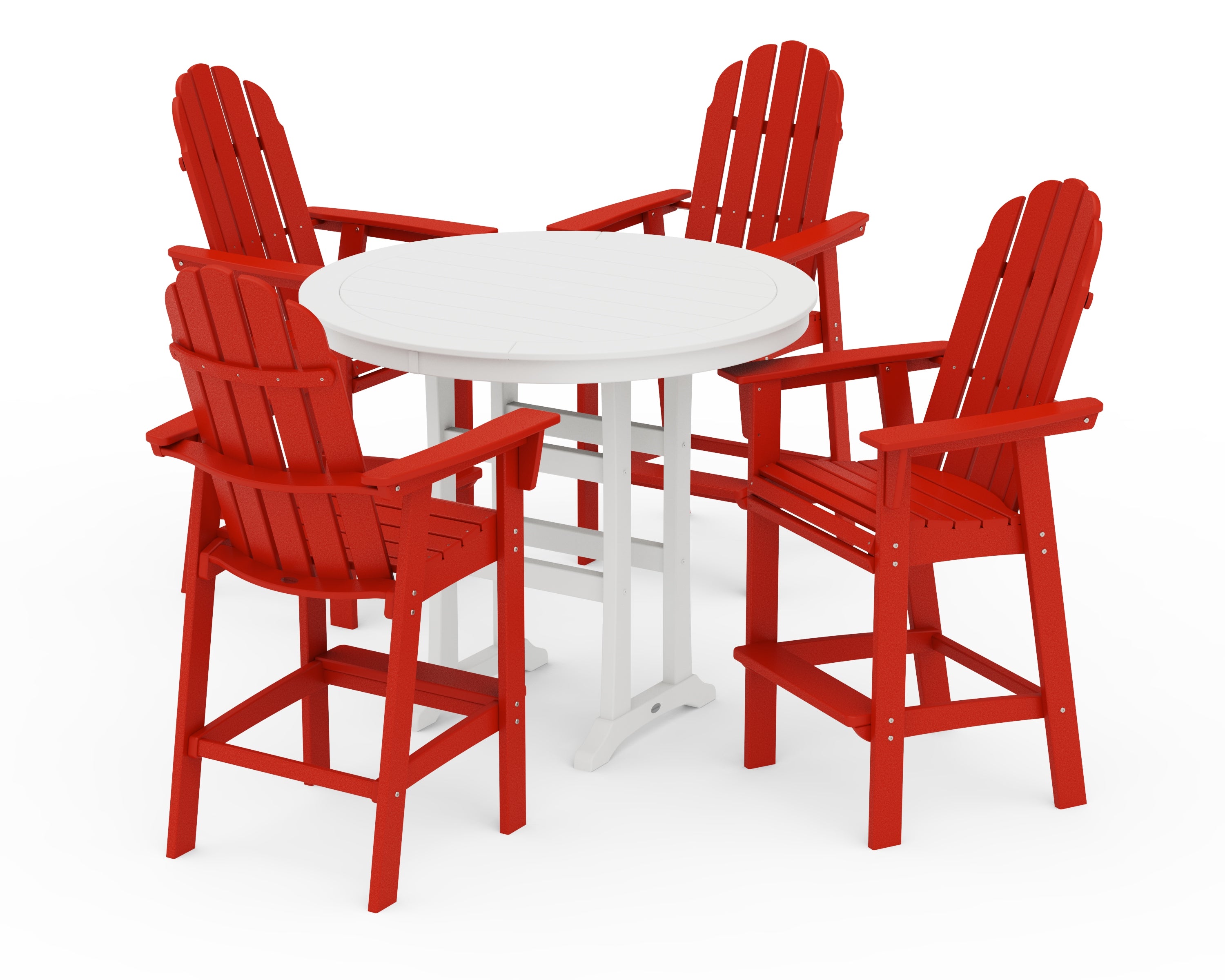 POLYWOOD Vineyard Curveback Adirondack 5-Piece Nautical Trestle Bar Set in Sunset Red / White