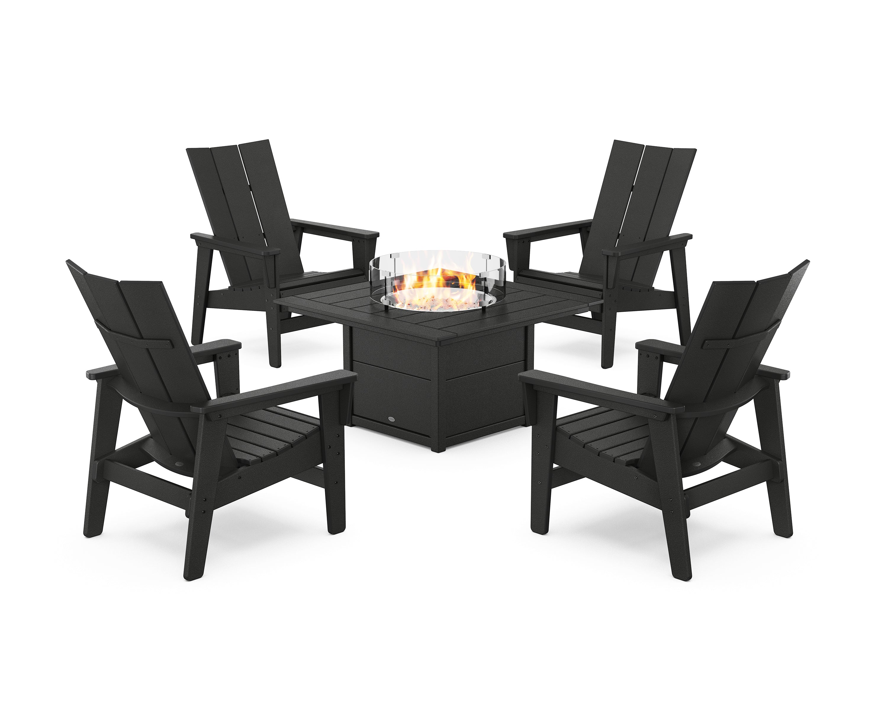 POLYWOOD 5-Piece Modern Grand Upright Adirondack Conversation Set with Fire Pit Table in Black