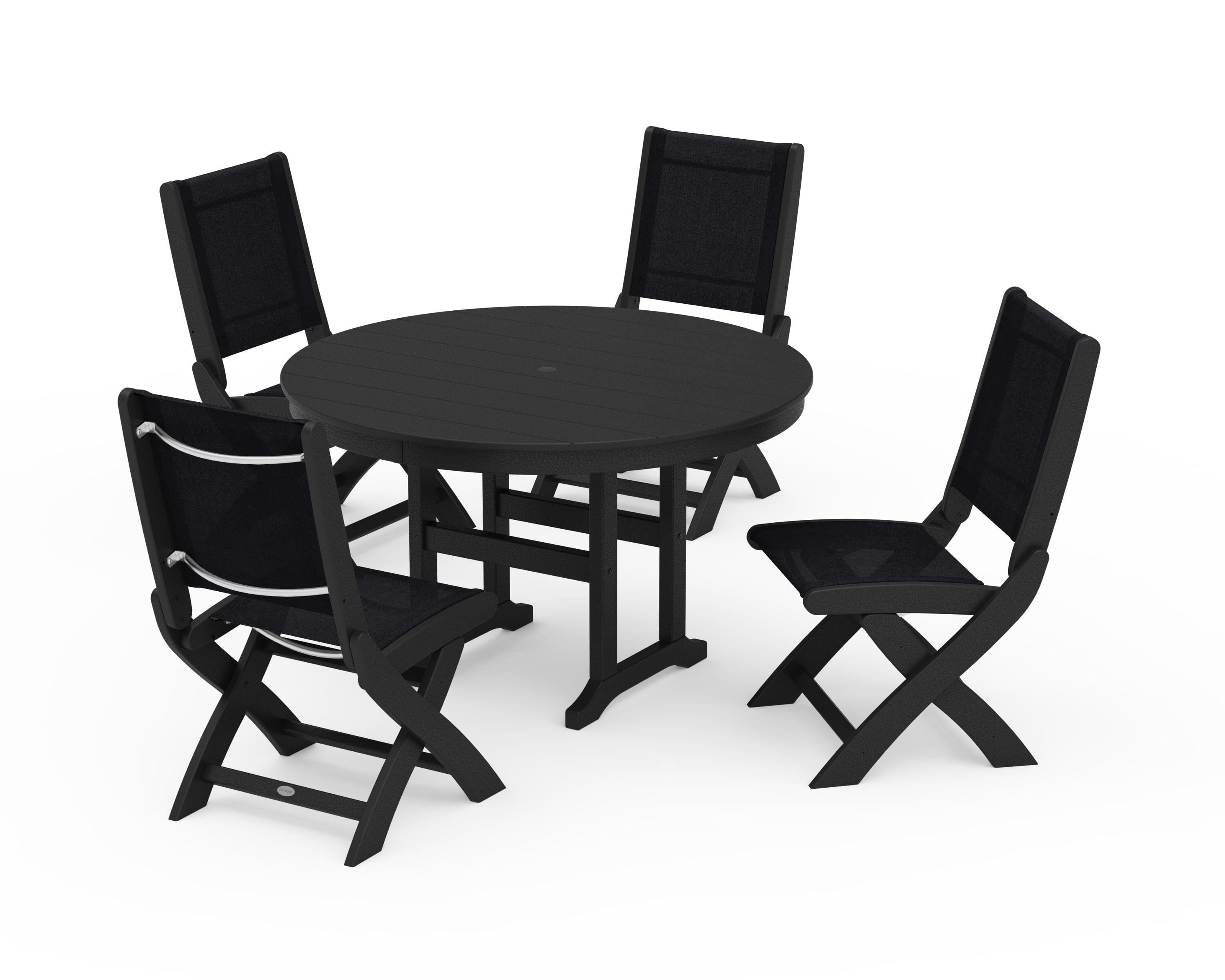 POLYWOOD Coastal Folding Side Chair 5-Piece Round Dining Set in Black / Black Sling