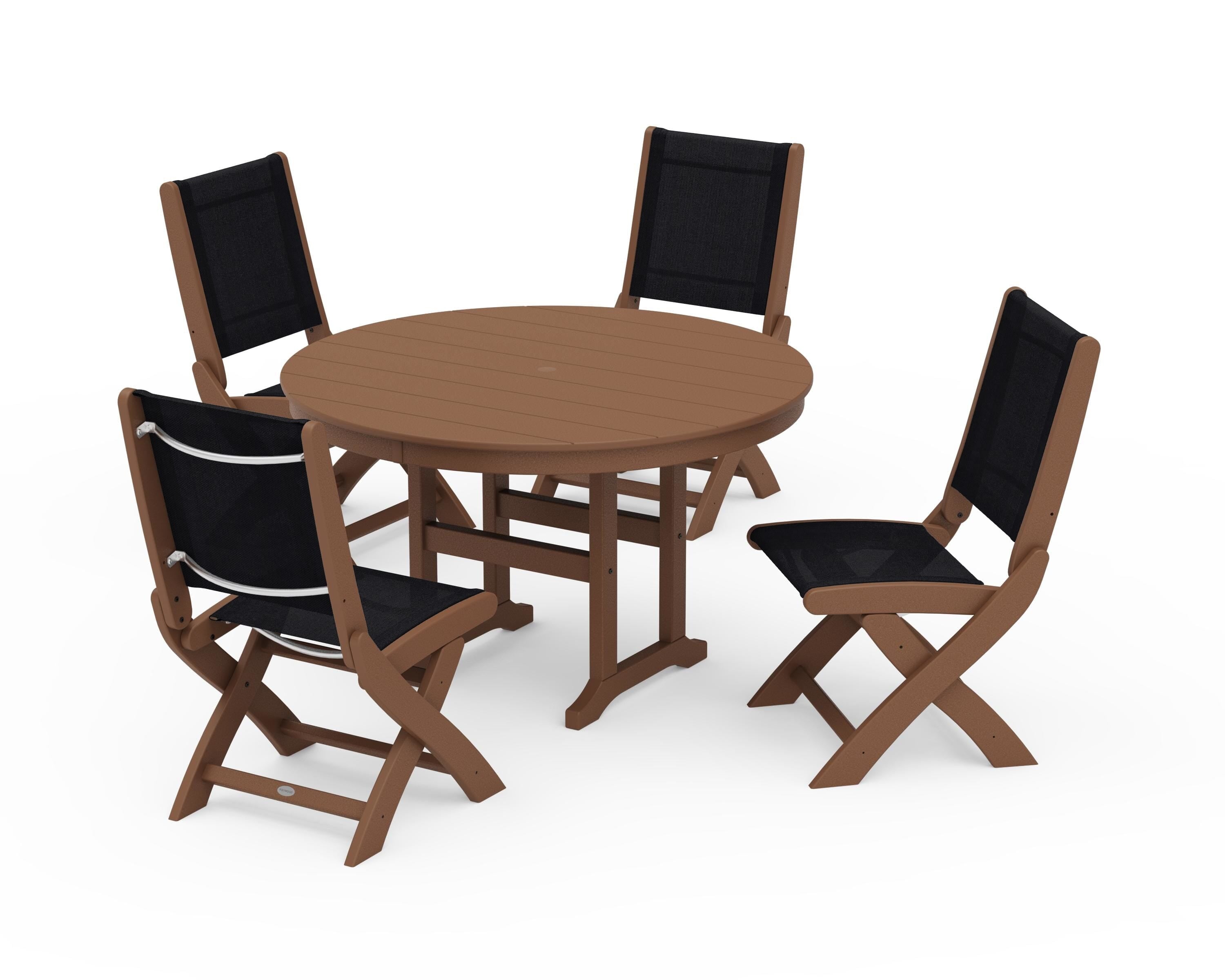 POLYWOOD Coastal Folding Side Chair 5-Piece Round Dining Set in Teak / Black Sling