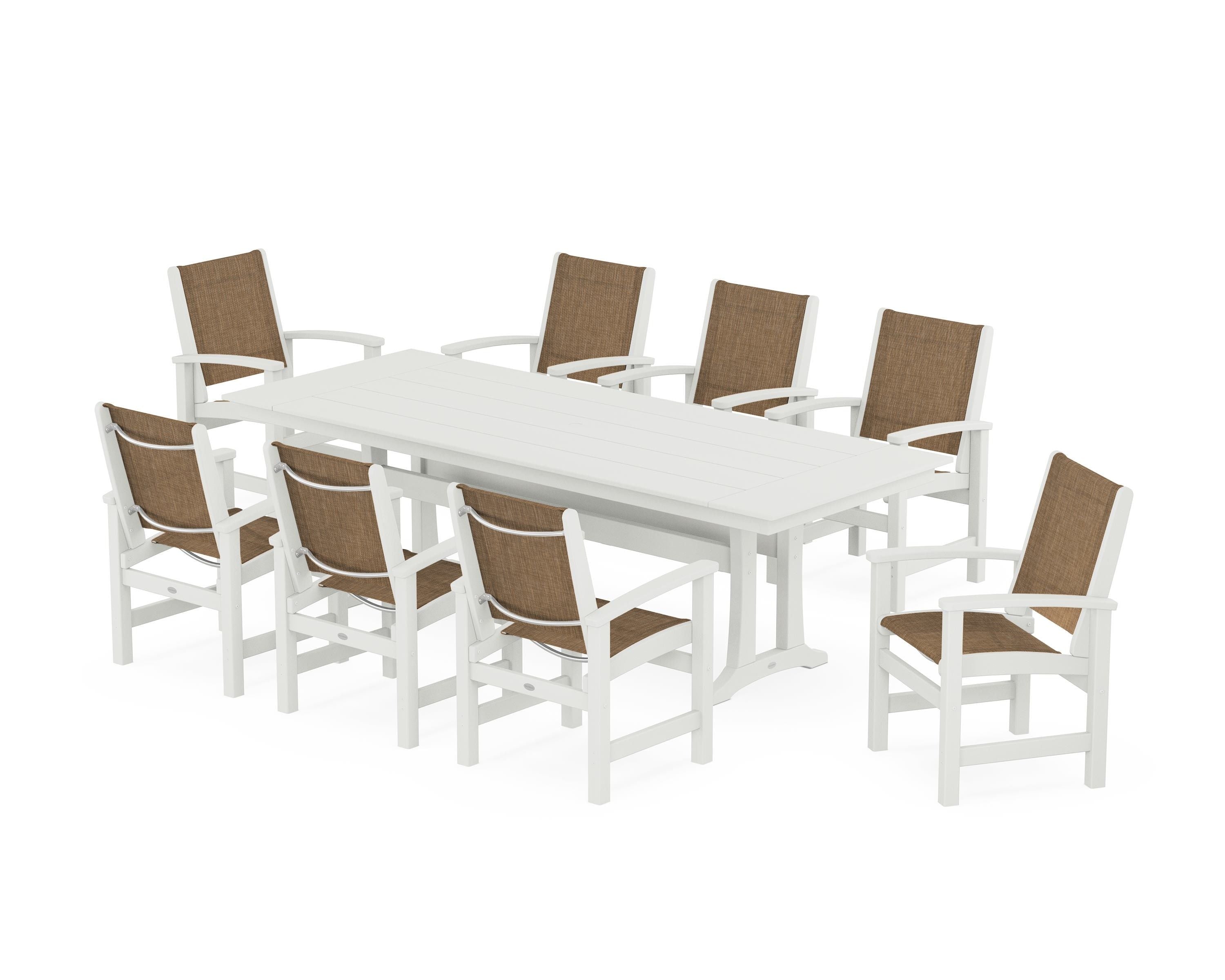 POLYWOOD Coastal 9-Piece Farmhouse Dining Set with Trestle Legs in Vintage White / Burlap Sling