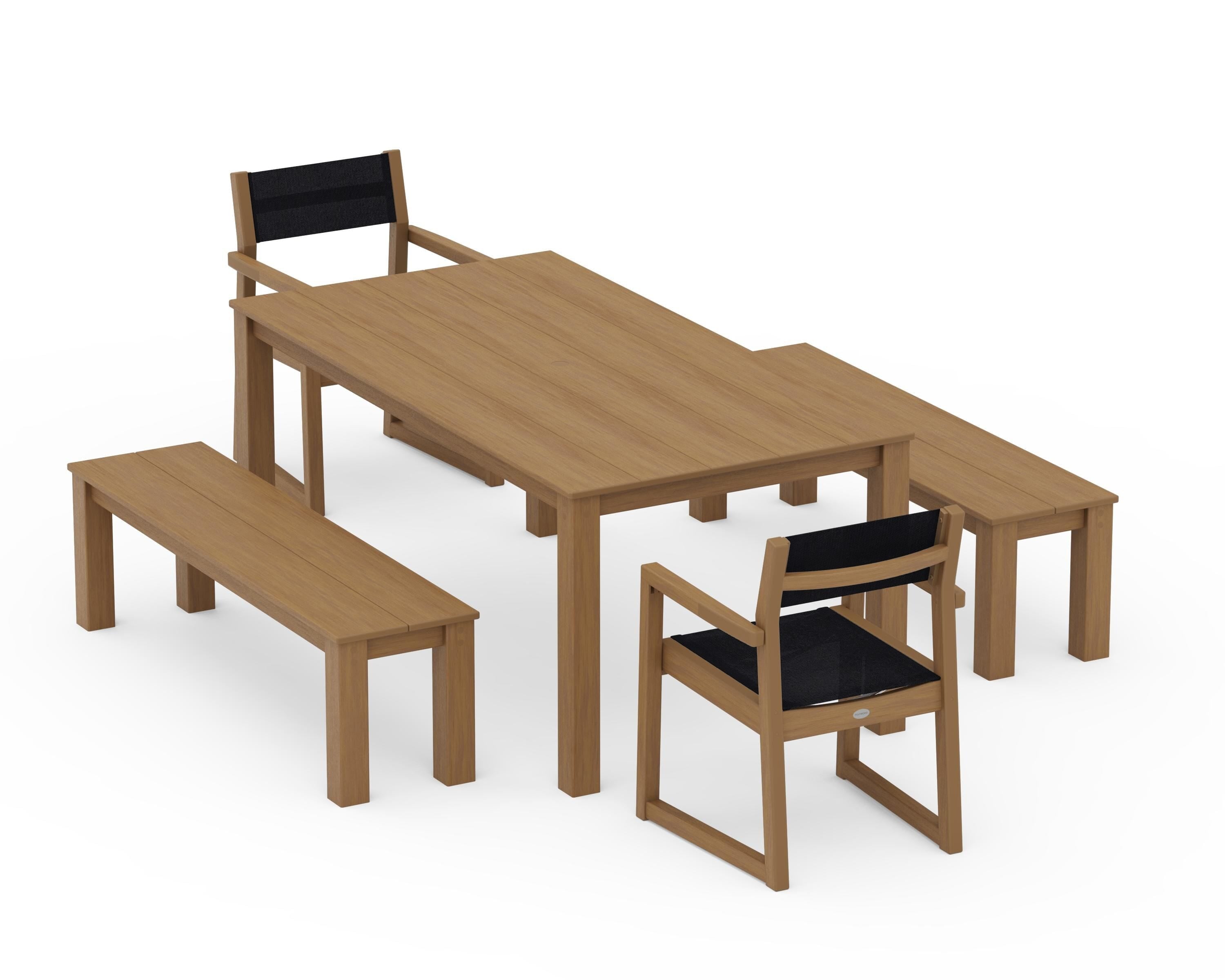 POLYWOOD EDGE Sling Arm Chair 5-Piece Parsons Dining Set with Benches in Natural / Black Sling