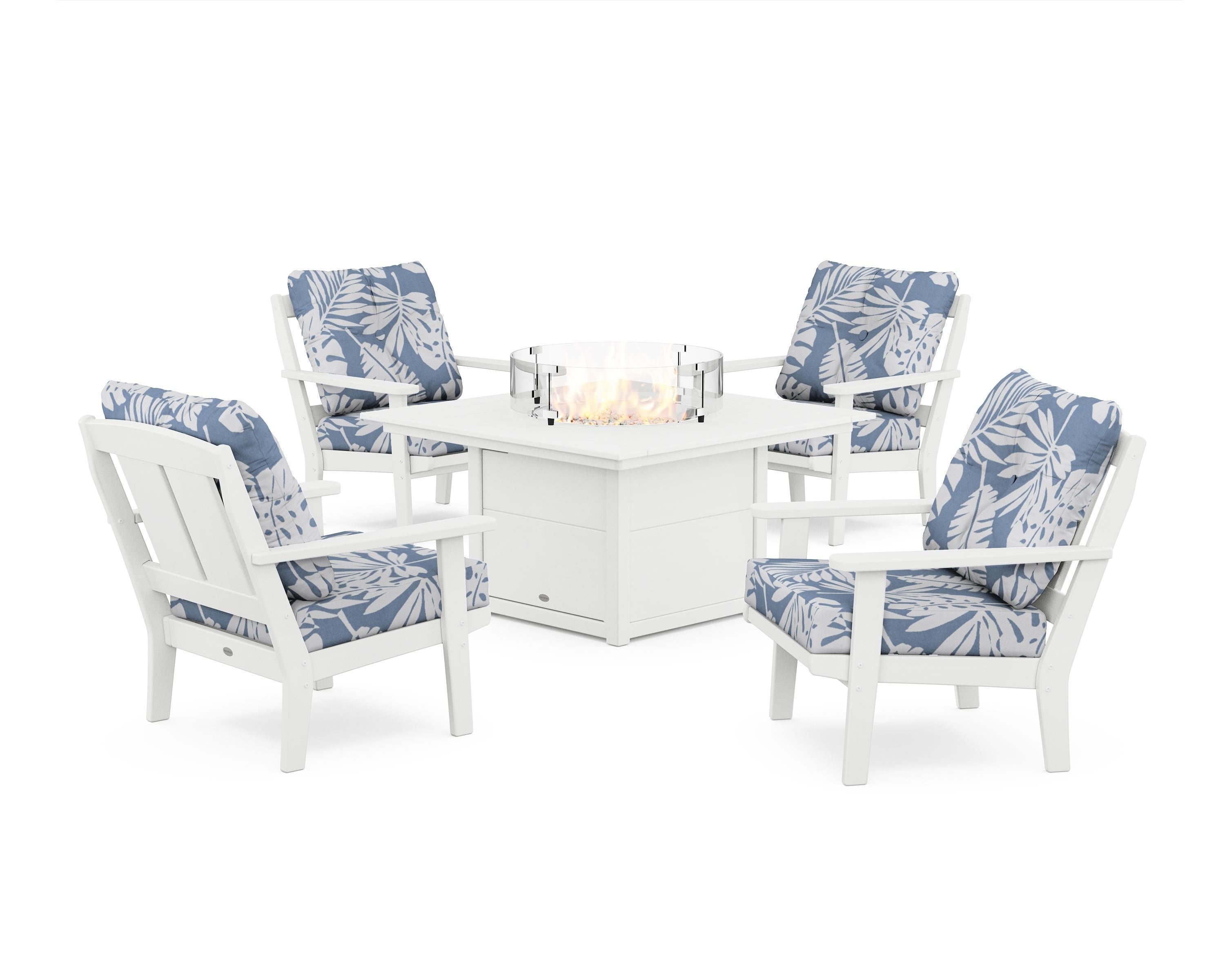 POLYWOOD Mission 5-Piece Deep Seating Set with Fire Pit Table in White / Leaf Sky Blue