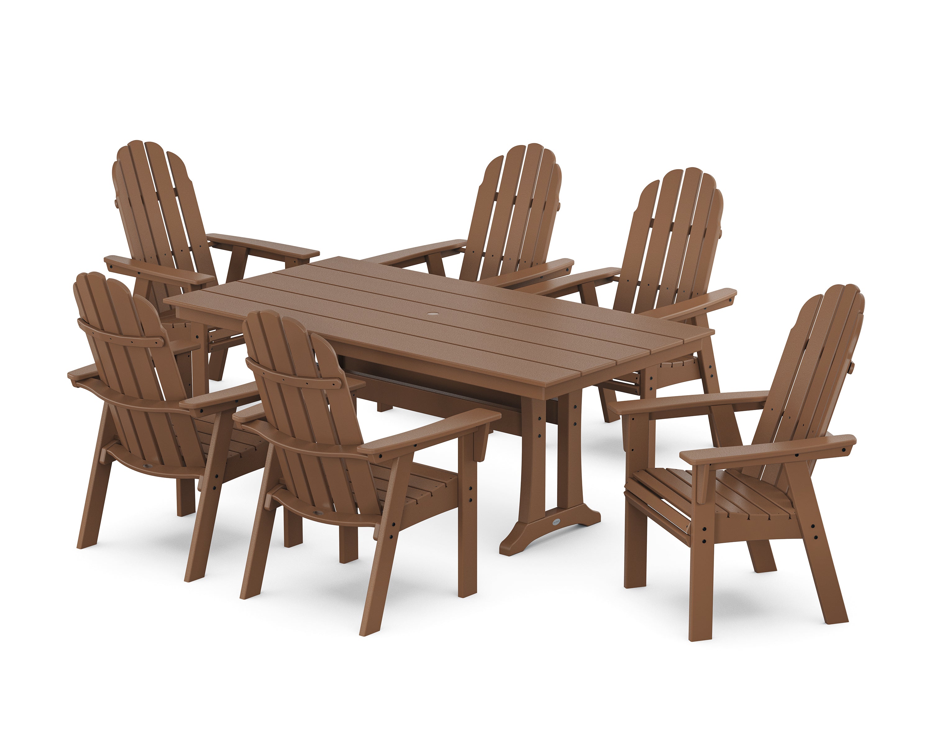 POLYWOOD Vineyard Curveback Adirondack Chair 7-Piece Farmhouse Dining Set with Trestle Legs in Teak
