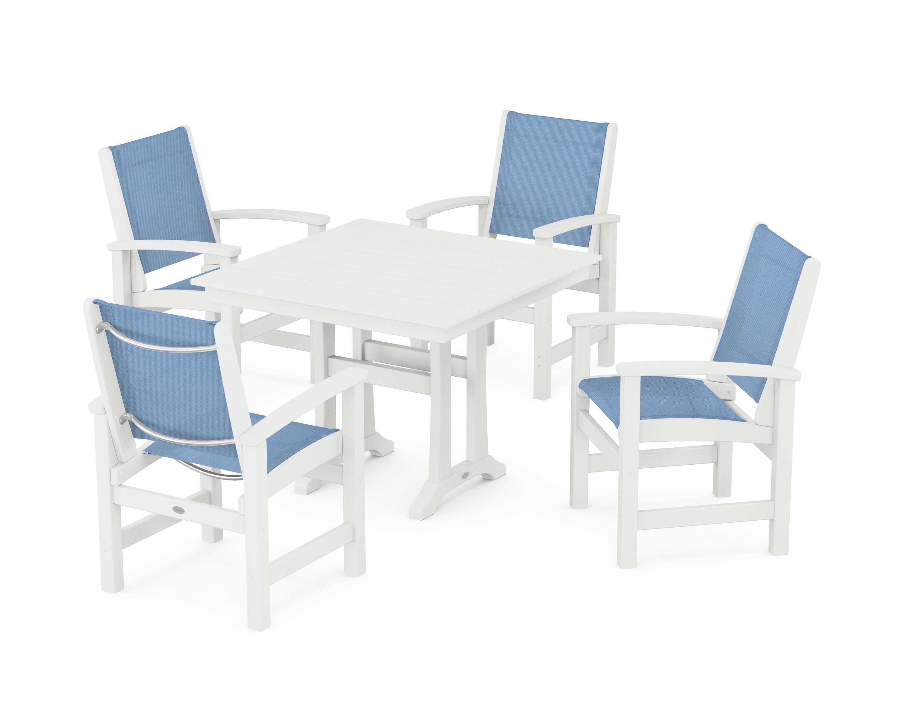 POLYWOOD Coastal 5-Piece Farmhouse Dining Set With Trestle Legs in Vintage White / Poolside Sling