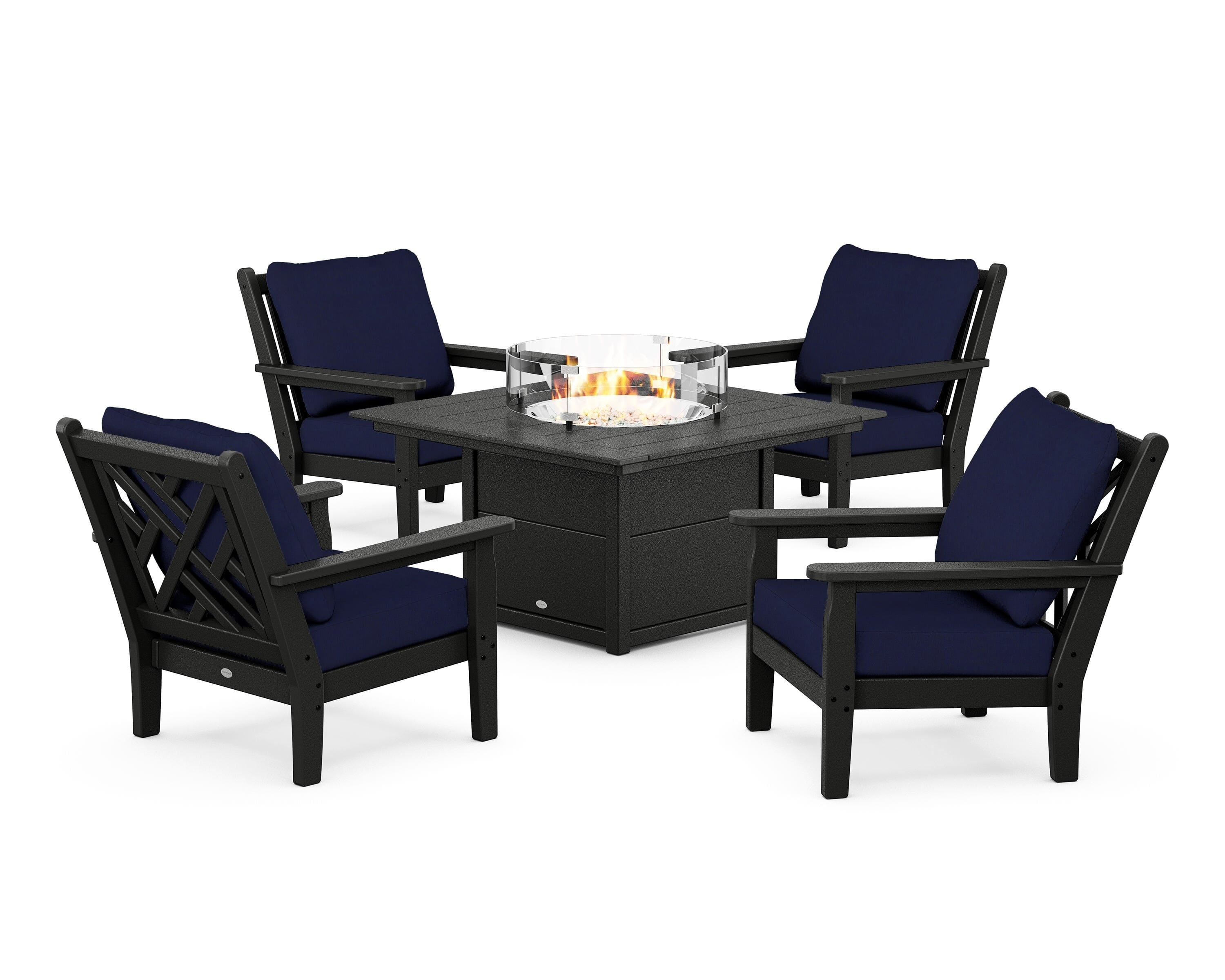 POLYWOOD Chippendale 5-Piece Deep Seating Set with Fire Pit Table in Black / Navy