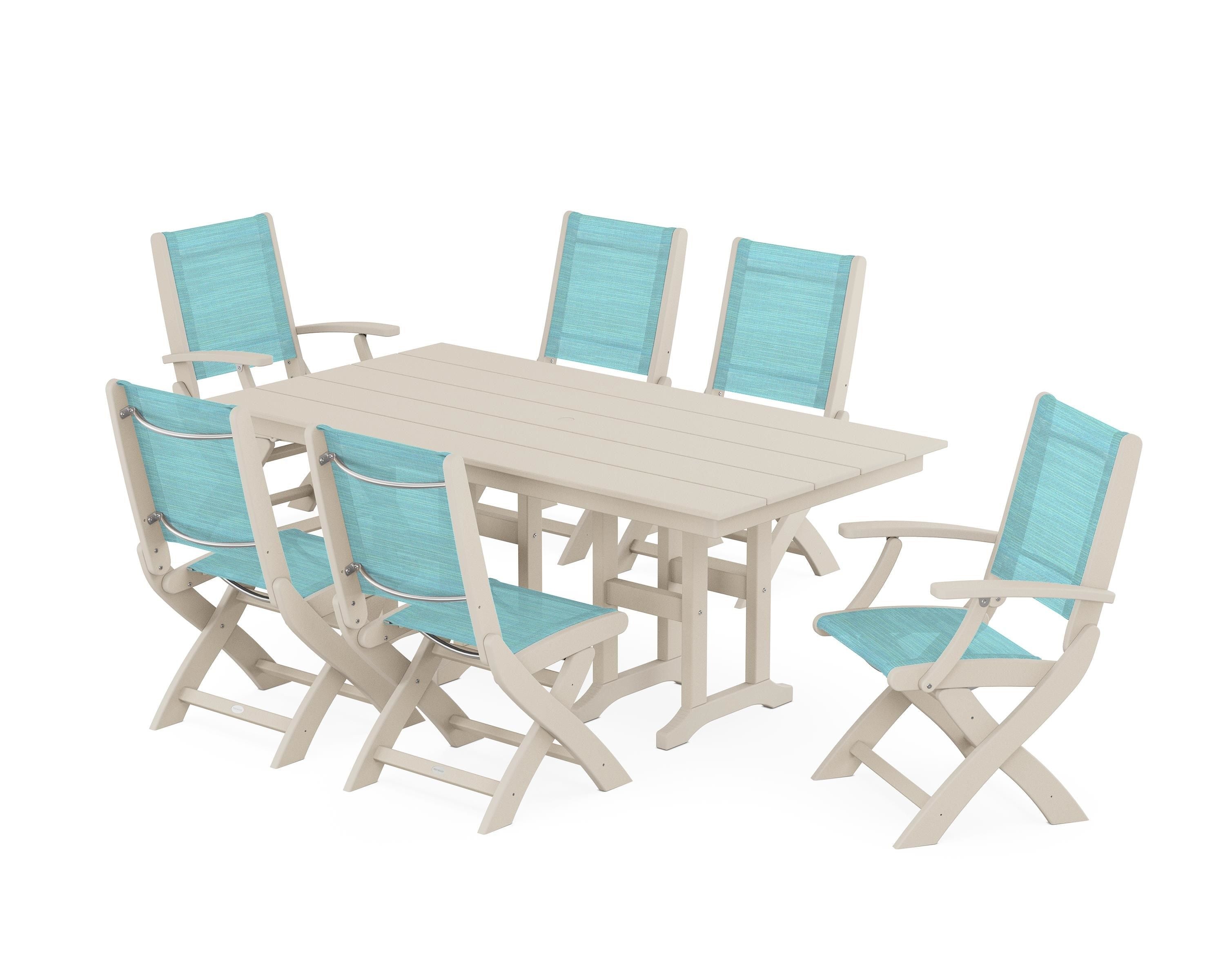 POLYWOOD Coastal Folding Chair 7-Piece Farmhouse Dining Set in Sand / Dupioni Aquamarine Sling