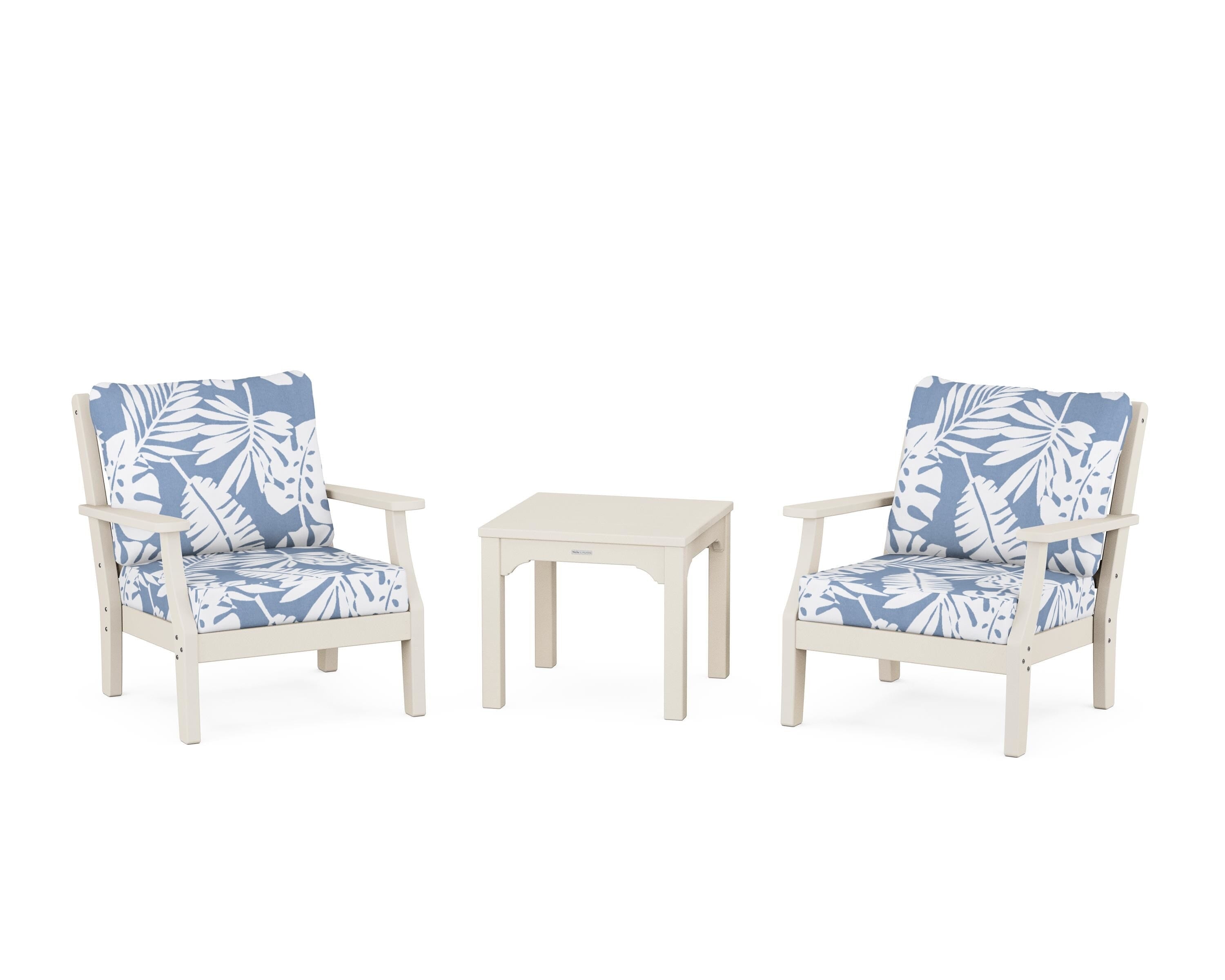 Martha Stewart by POLYWOOD Chinoiserie 3-Piece Deep Seating Set in Sand / Leaf Sky Blue