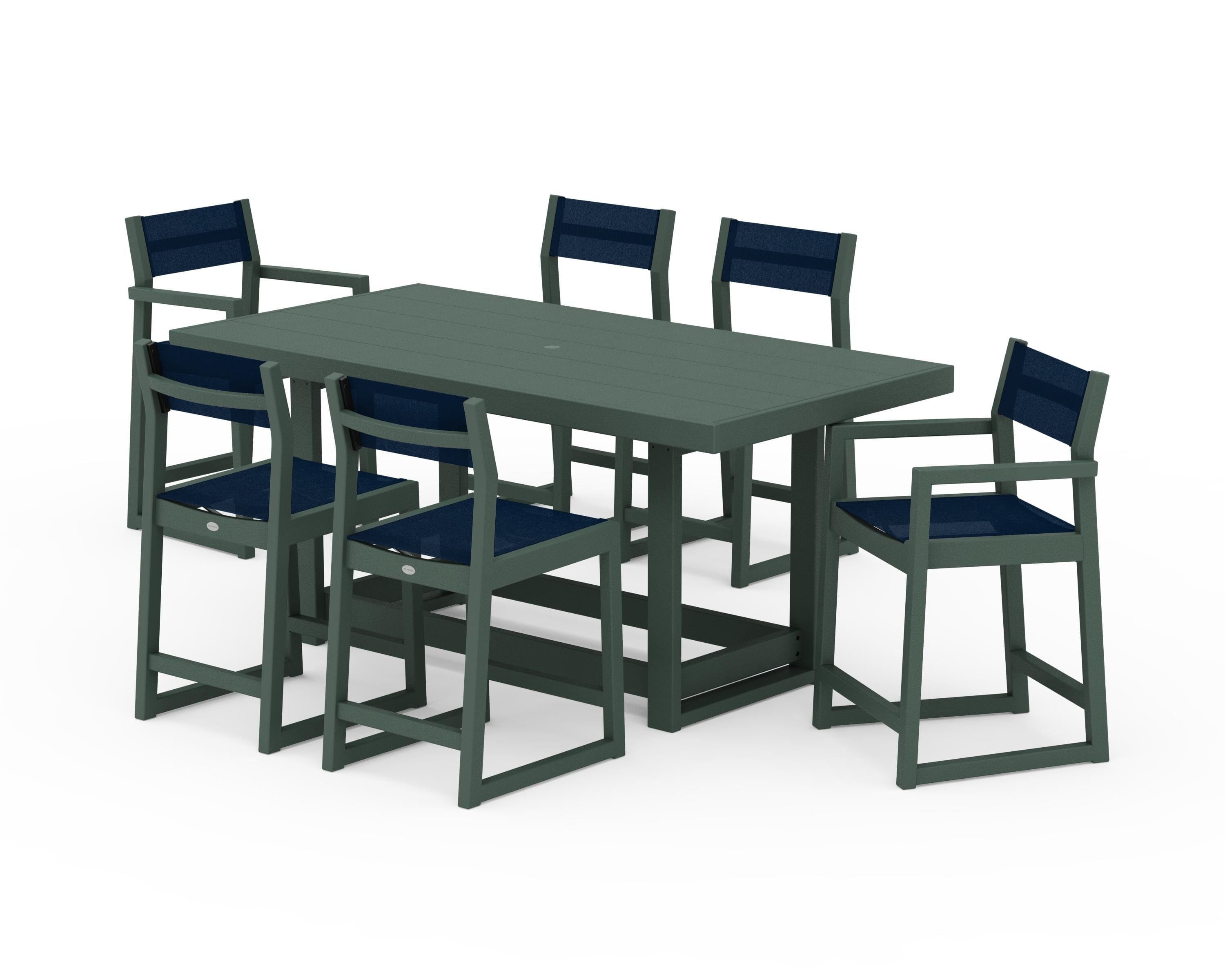 POLYWOOD EDGE Sling 7-Piece Counter Table Set in Green / Navy Blue Sling