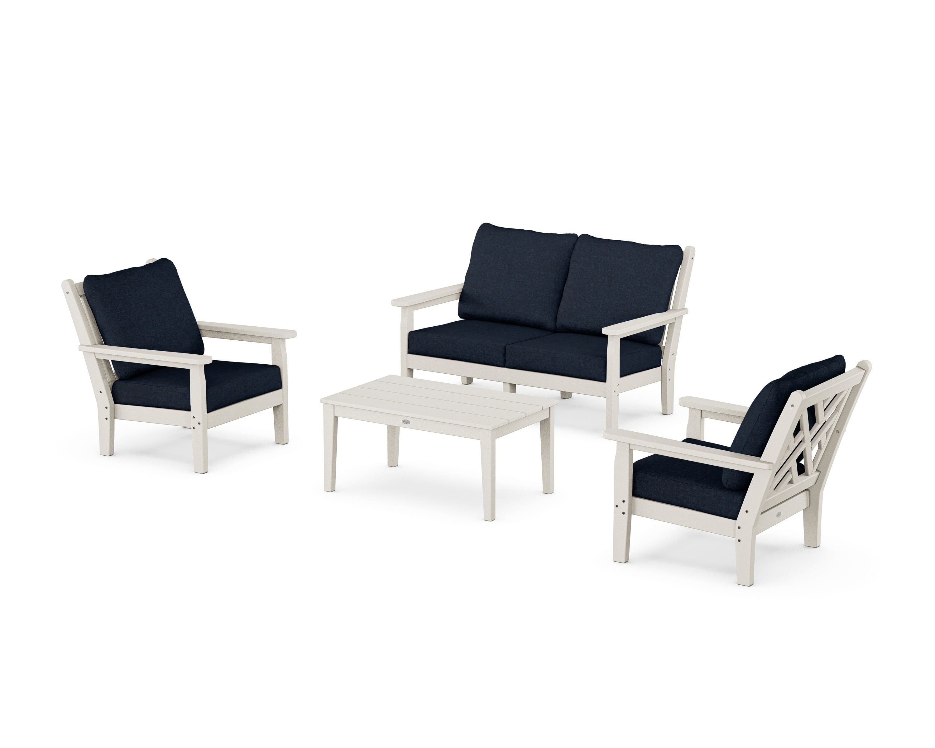 POLYWOOD Chippendale 4-Piece Deep Seating Set with Loveseat in Sand / Marine Indigo
