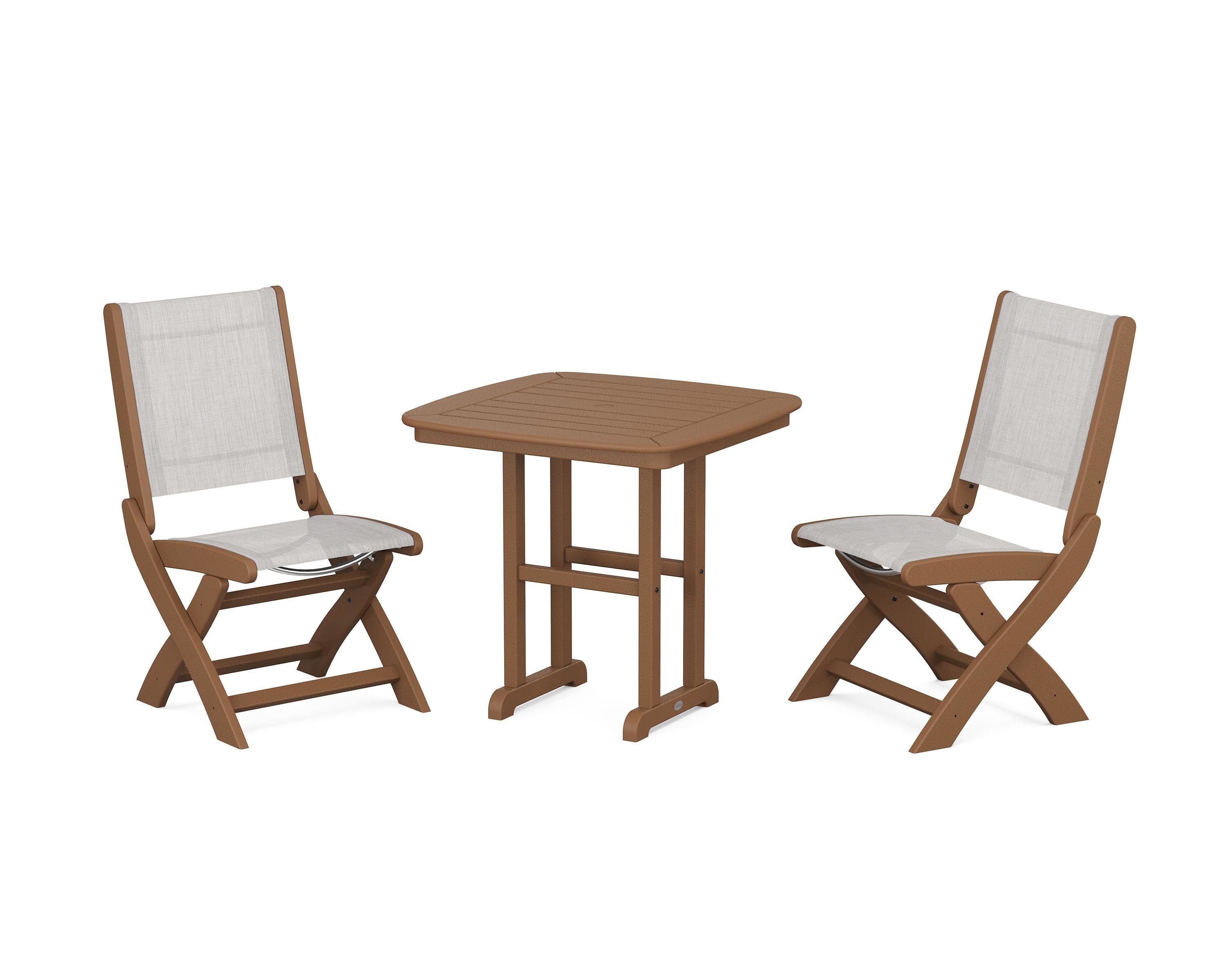 POLYWOOD Coastal Folding Side Chair 3-Piece Dining Set in Teak / Parchment Sling