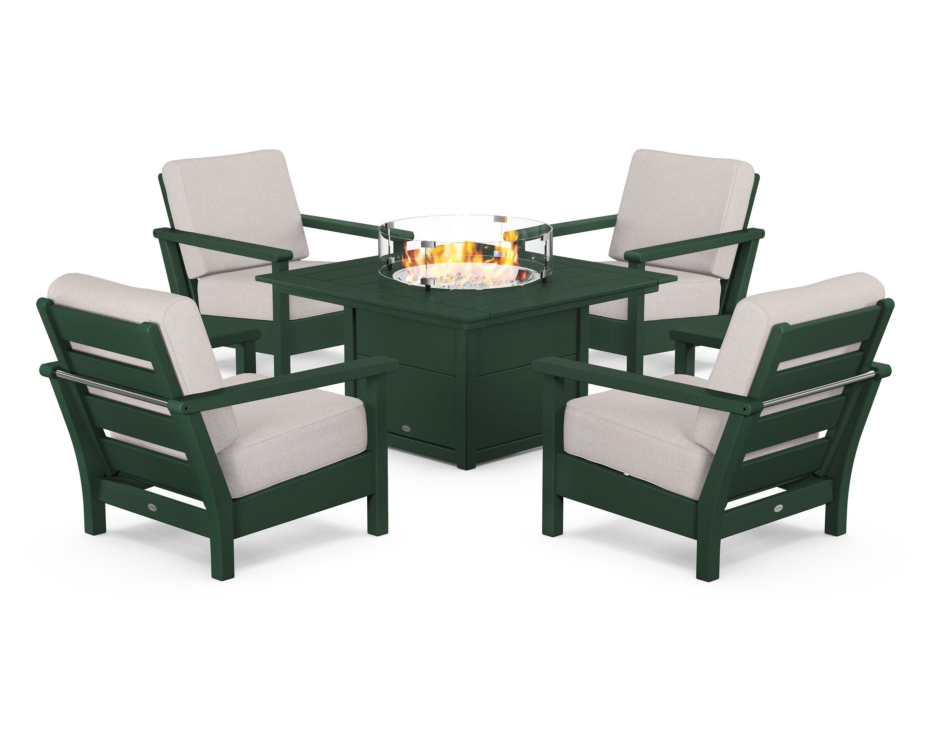 POLYWOOD Harbour 5-Piece Conversation Set with Fire Pit Table in Green / Dune Burlap