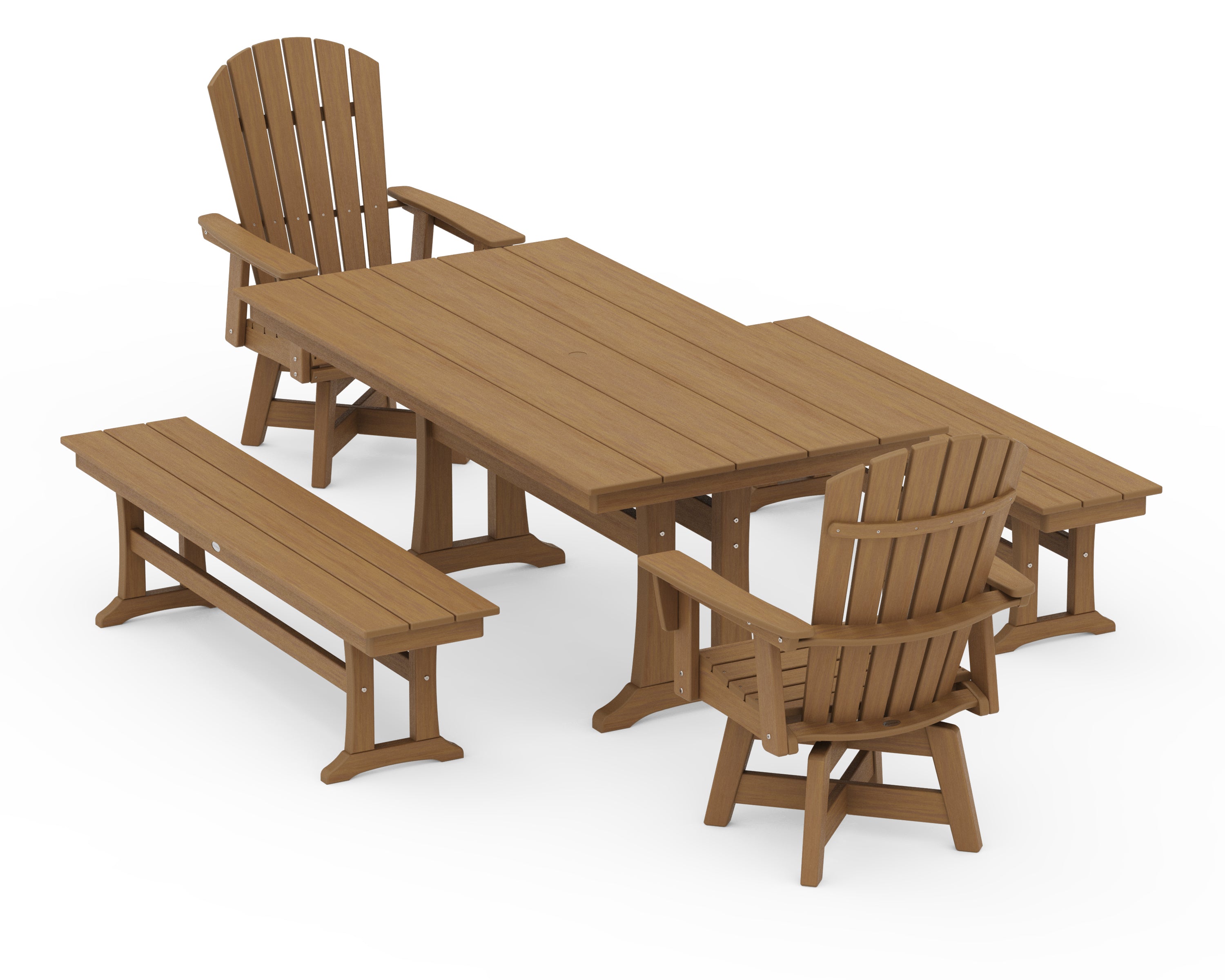 POLYWOOD Nautical Curveback Adirondack Swivel Chair 5-Piece Farmhouse Dining Set With Trestle Legs and Benches in Natural