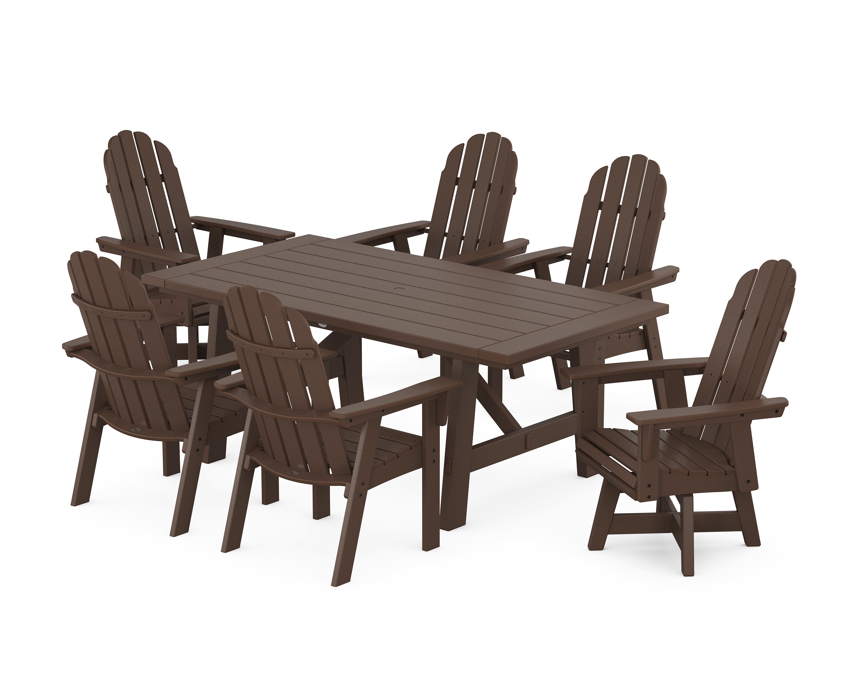 POLYWOOD Vineyard Curveback Adirondack Swivel Chair 7-Piece Rustic Farmhouse Dining Set in Mahogany