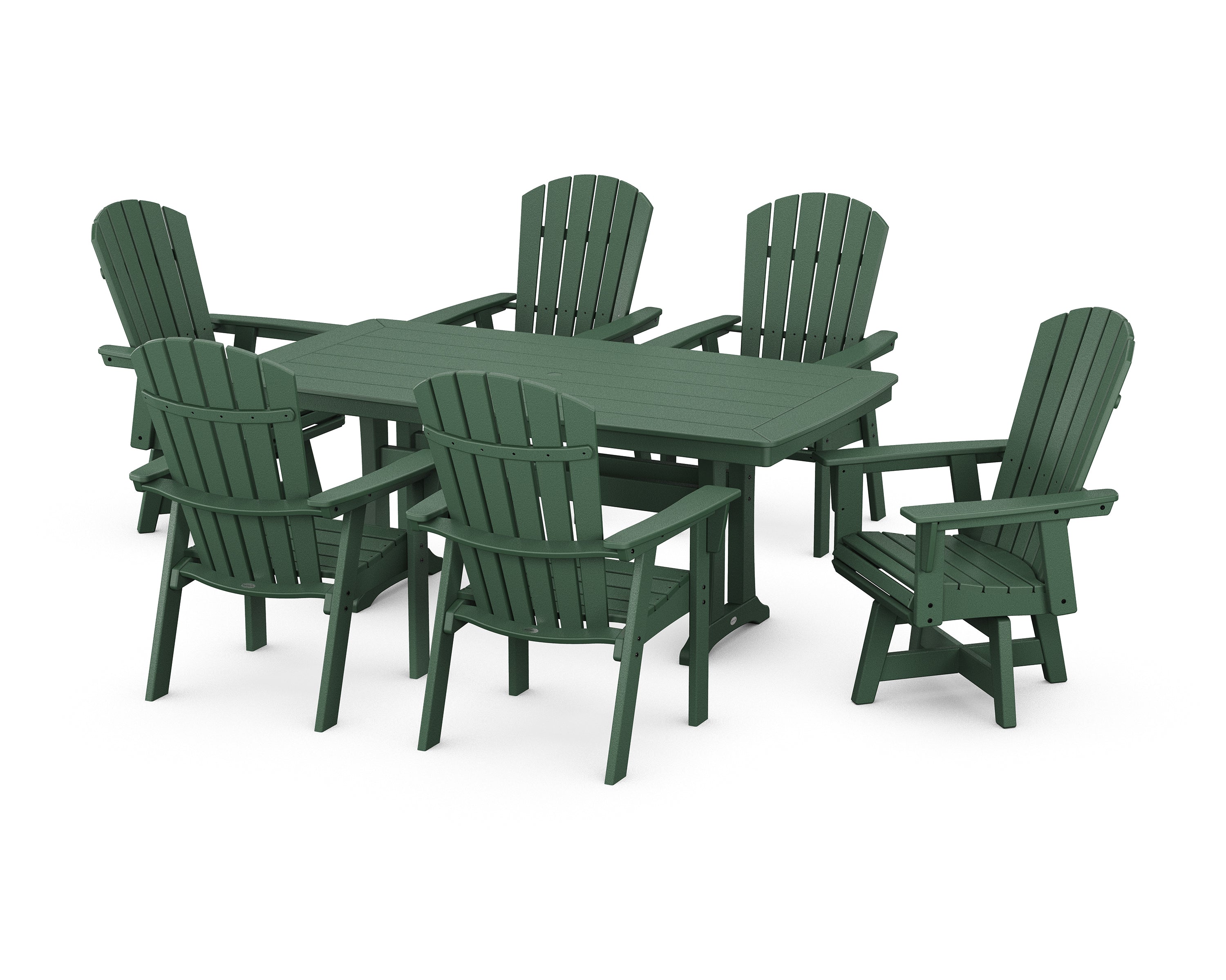 POLYWOOD Nautical Curveback Adirondack Swivel Chair 7-Piece Dining Set with Trestle Legs in Green