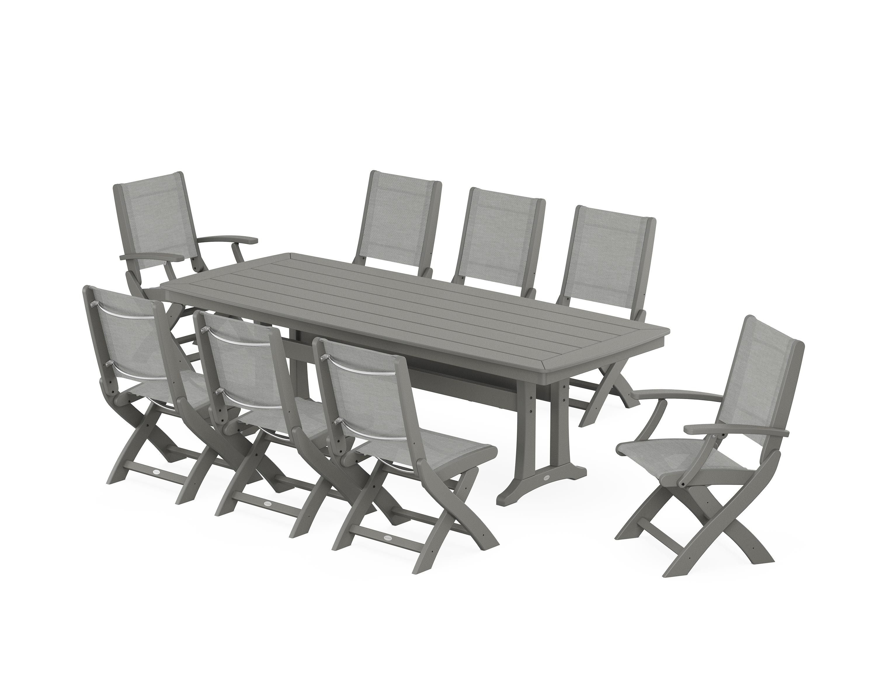 POLYWOOD Coastal Folding 9-Piece Dining Set with Trestle Legs in Slate Grey / Metallic Sling