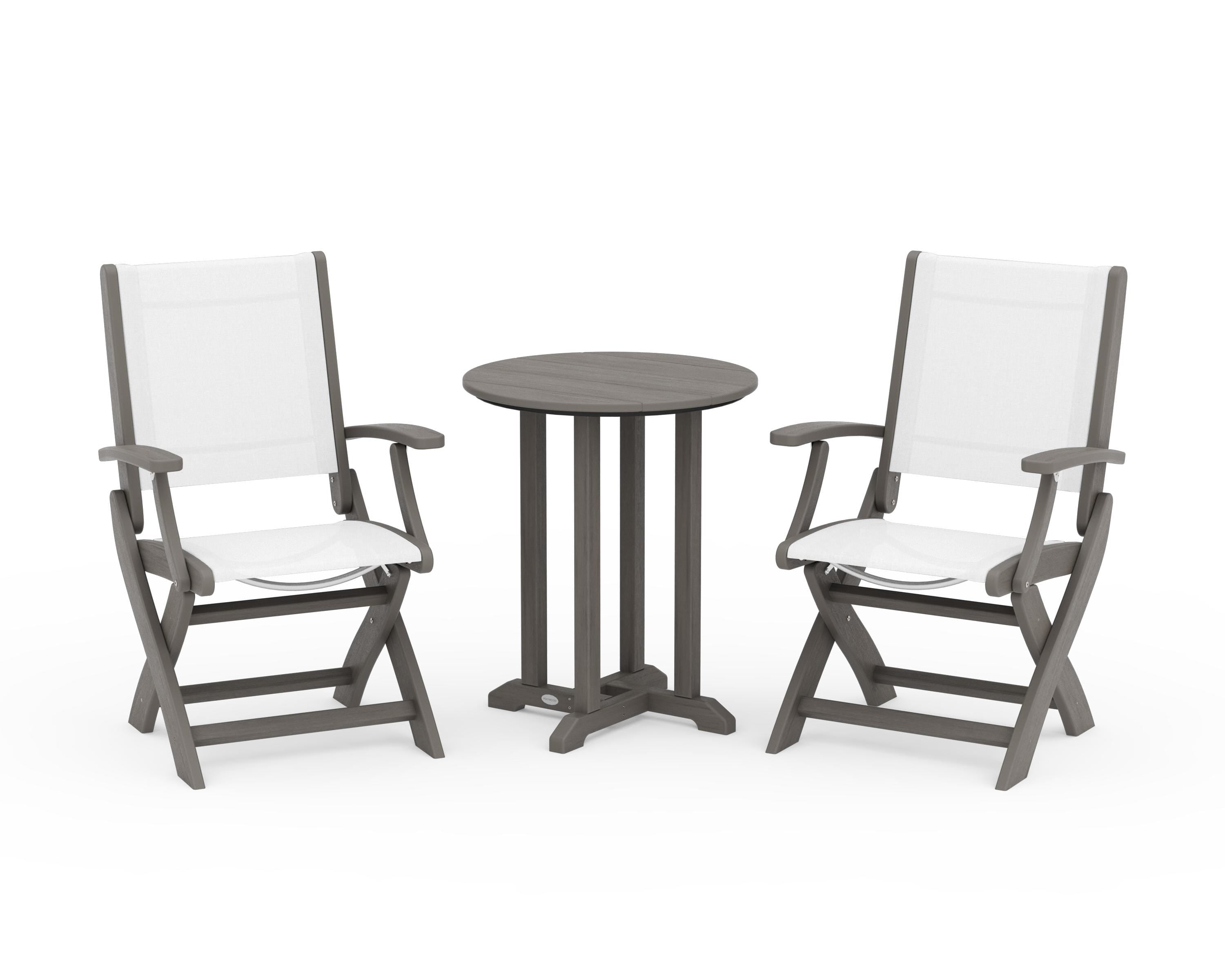 POLYWOOD Coastal Folding 3-Piece Round Bistro Dining Set in Driftwood / White Sling
