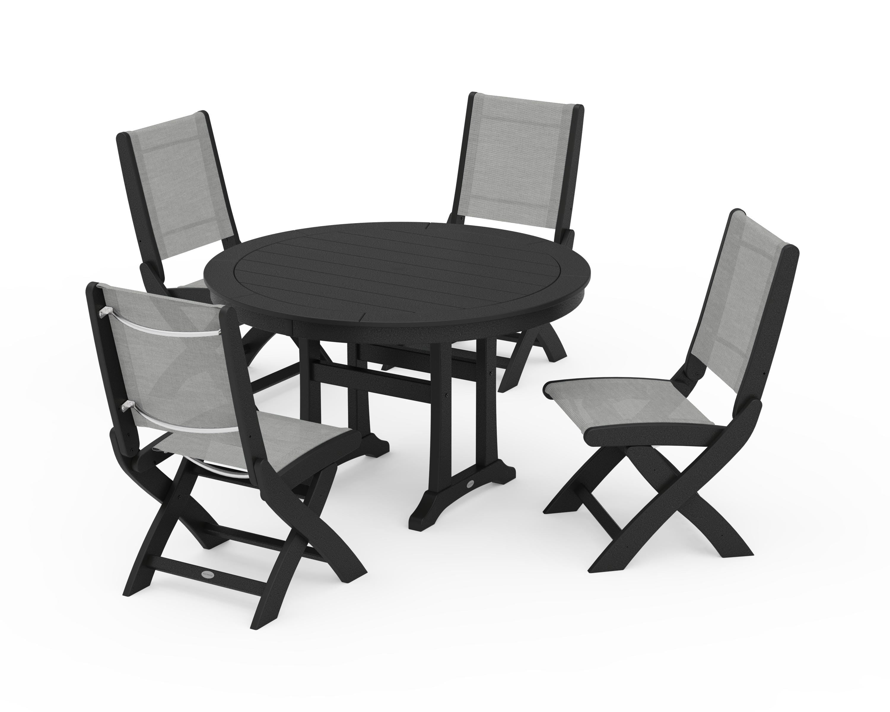 POLYWOOD Coastal Folding Side Chair 5-Piece Round Dining Set With Trestle Legs in Black / Metallic Sling