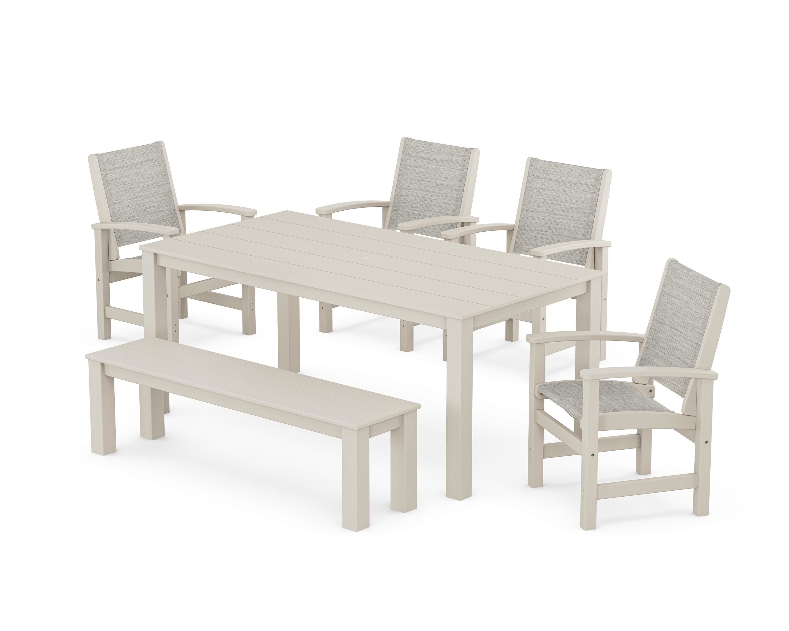 POLYWOOD Coastal 6-Piece Parsons Dining Set with Bench in Sand / Birch Sling