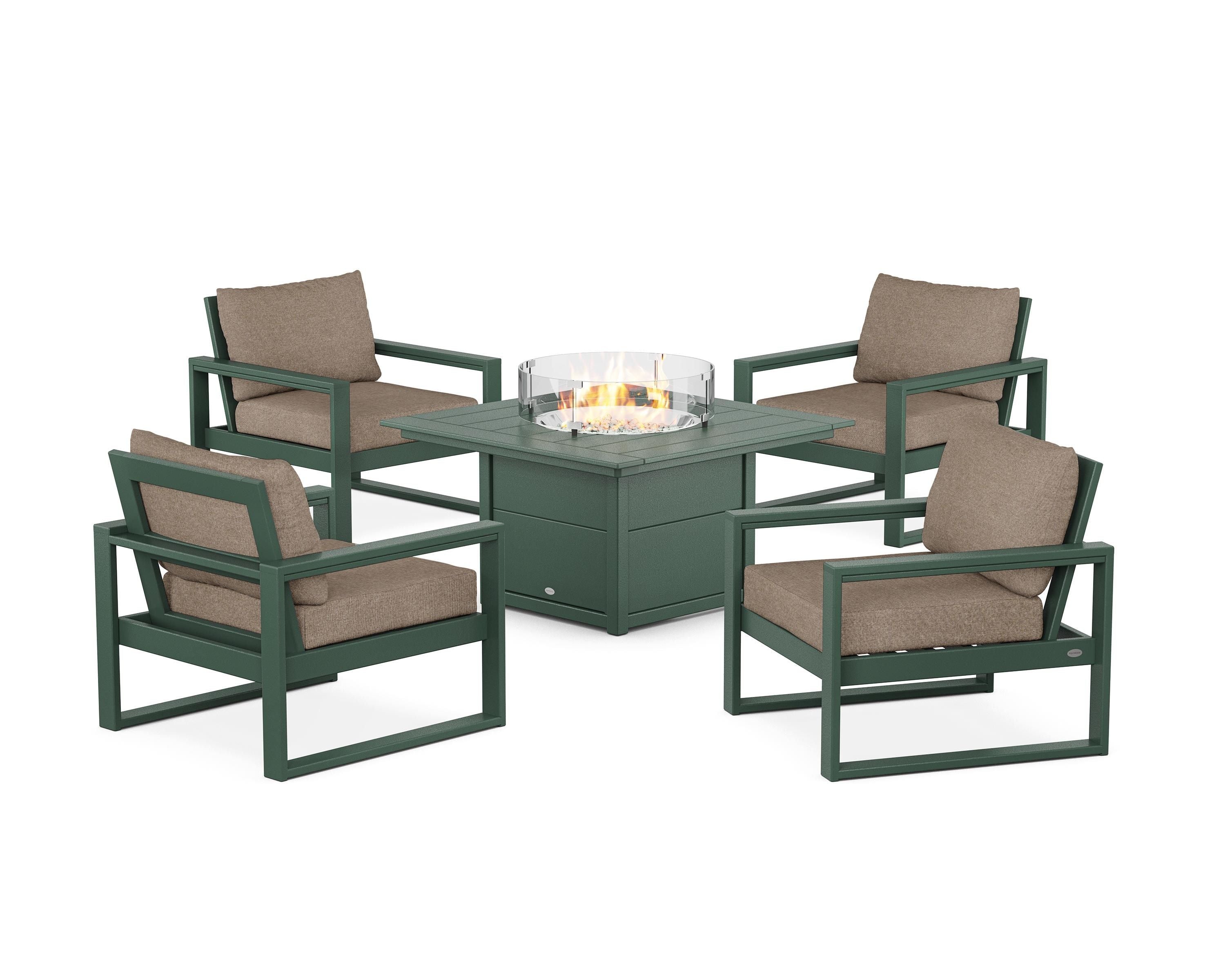 POLYWOOD EDGE Sectional 5-Piece Deep Seating Set with Fire Pit Table in Green / Spiced Burlap