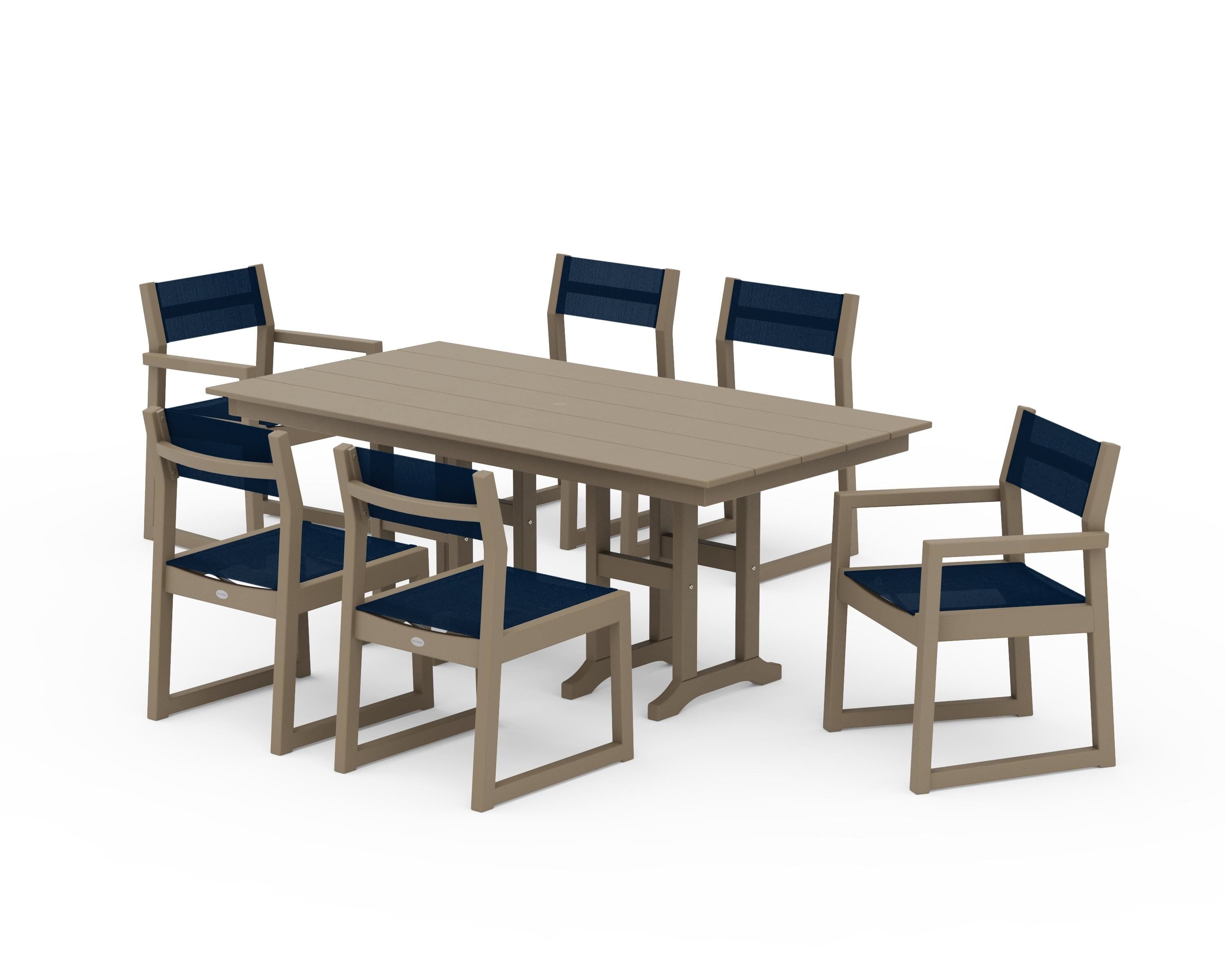 POLYWOOD EDGE Sling 7-Piece Farmhouse Dining Set in Vintage Sahara / Navy Blue Sling