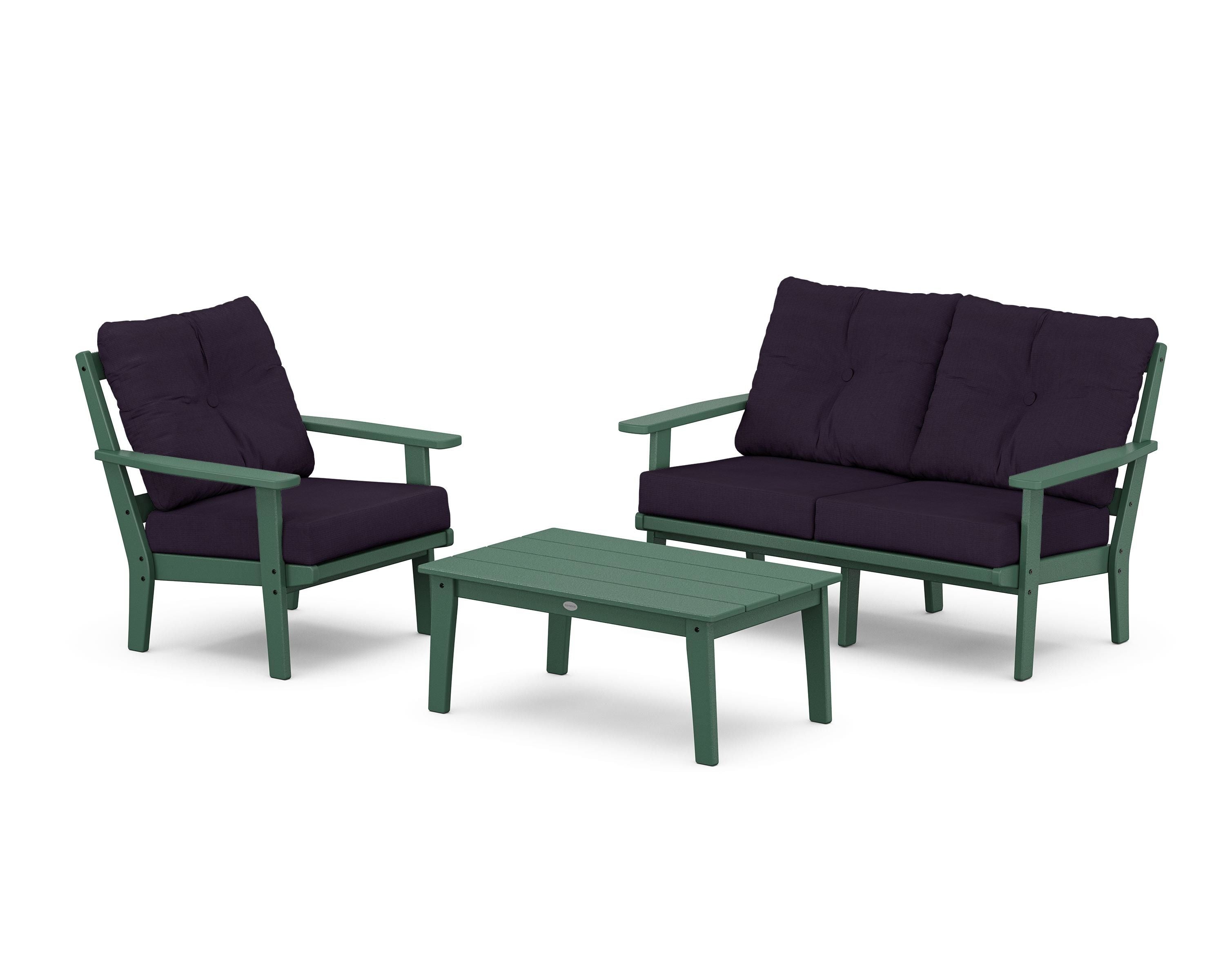 POLYWOOD Oxford 3-Piece Deep Seating Set with Loveseat in Green / Navy Linen