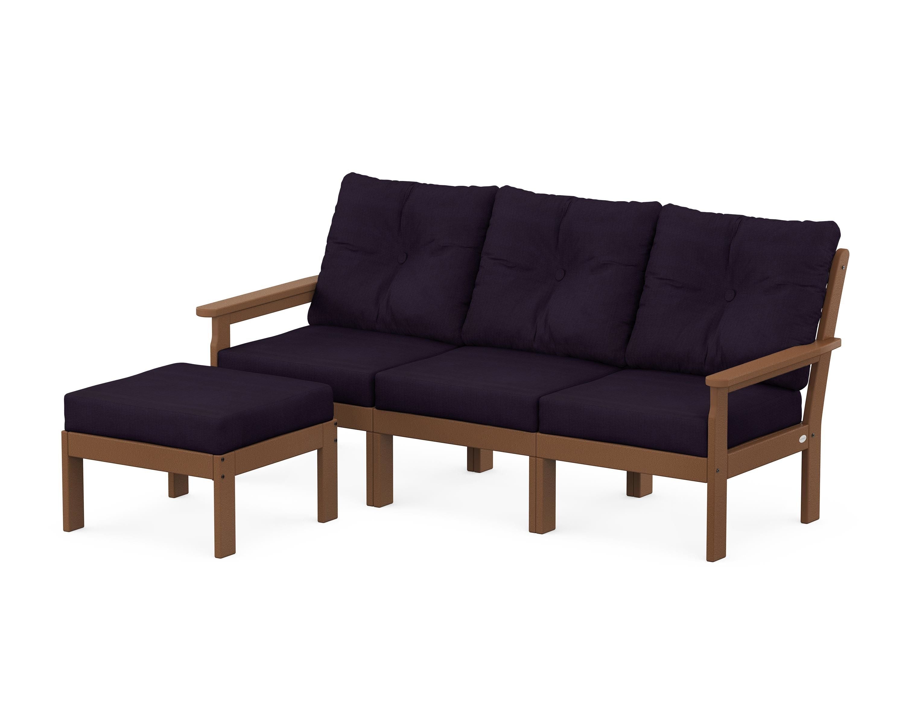 POLYWOOD Vineyard 4-Piece Sectional with Ottoman in Teak / Navy Linen