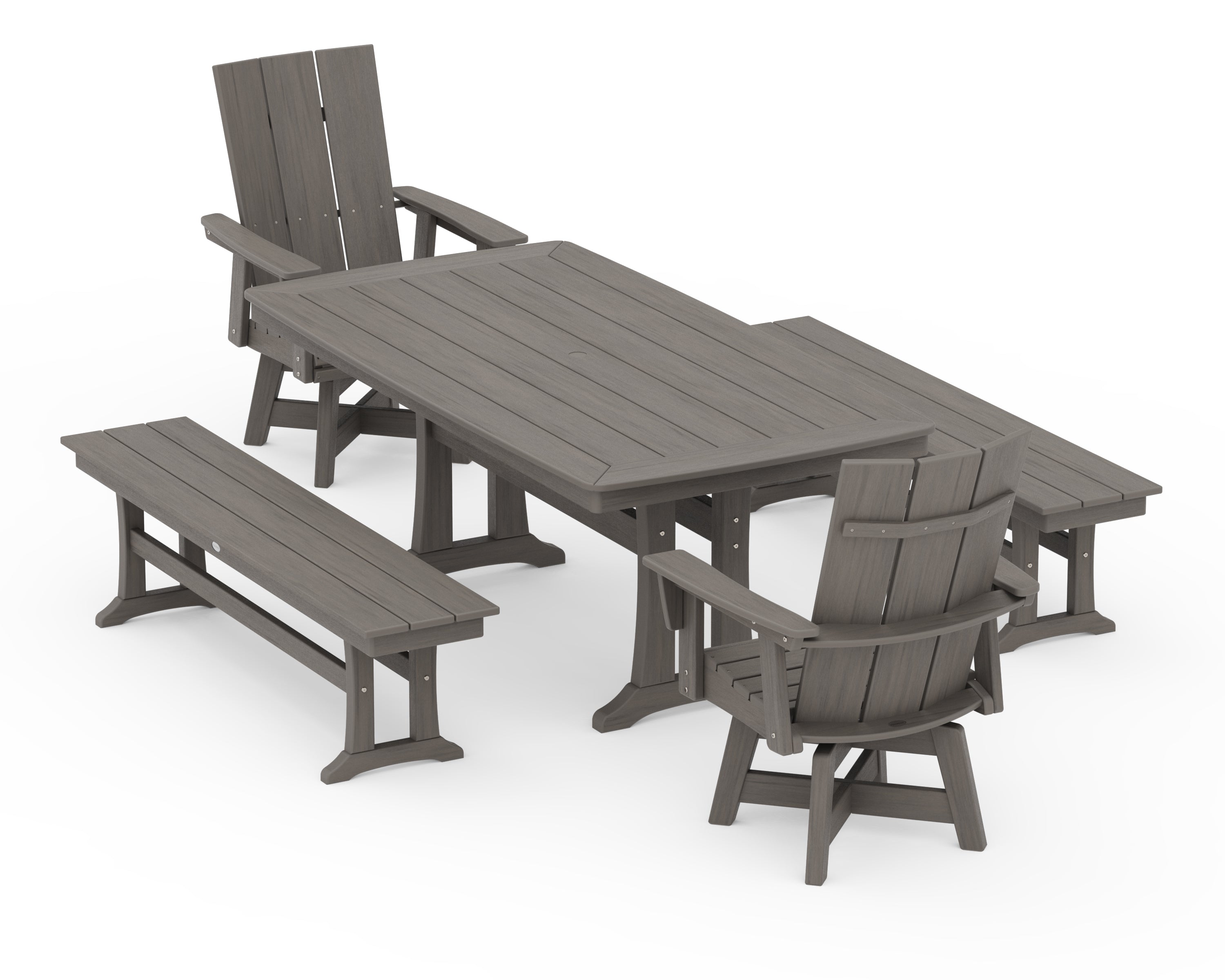 POLYWOOD Modern Curveback Adirondack Swivel Chair 5-Piece Dining Set with Trestle Legs and Benches in Driftwood