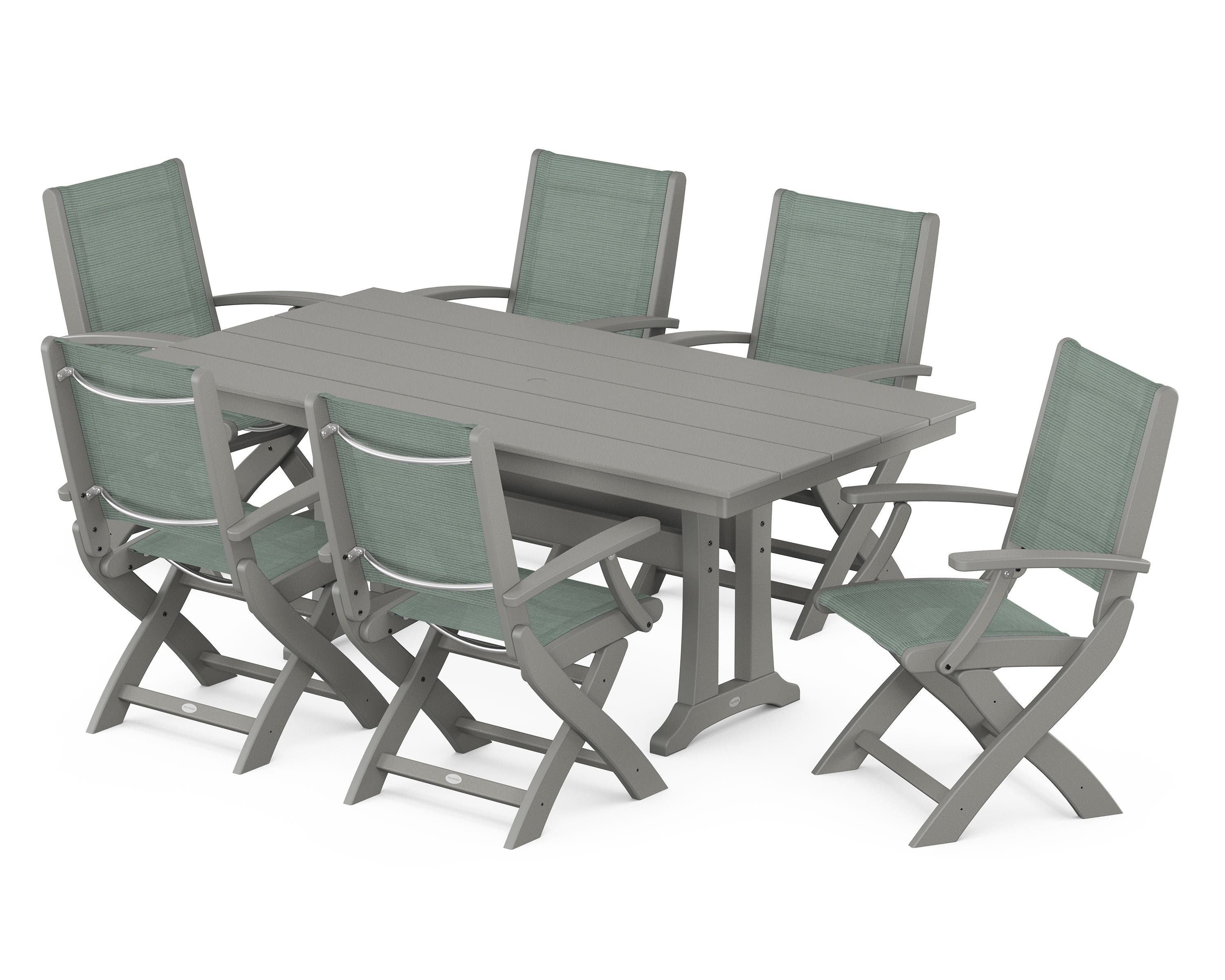 POLYWOOD Coastal Folding Arm Chair 7-Piece Farmhouse Dining Set with Trestle Legs in Slate Grey / Dupioni Sea Mist Sling