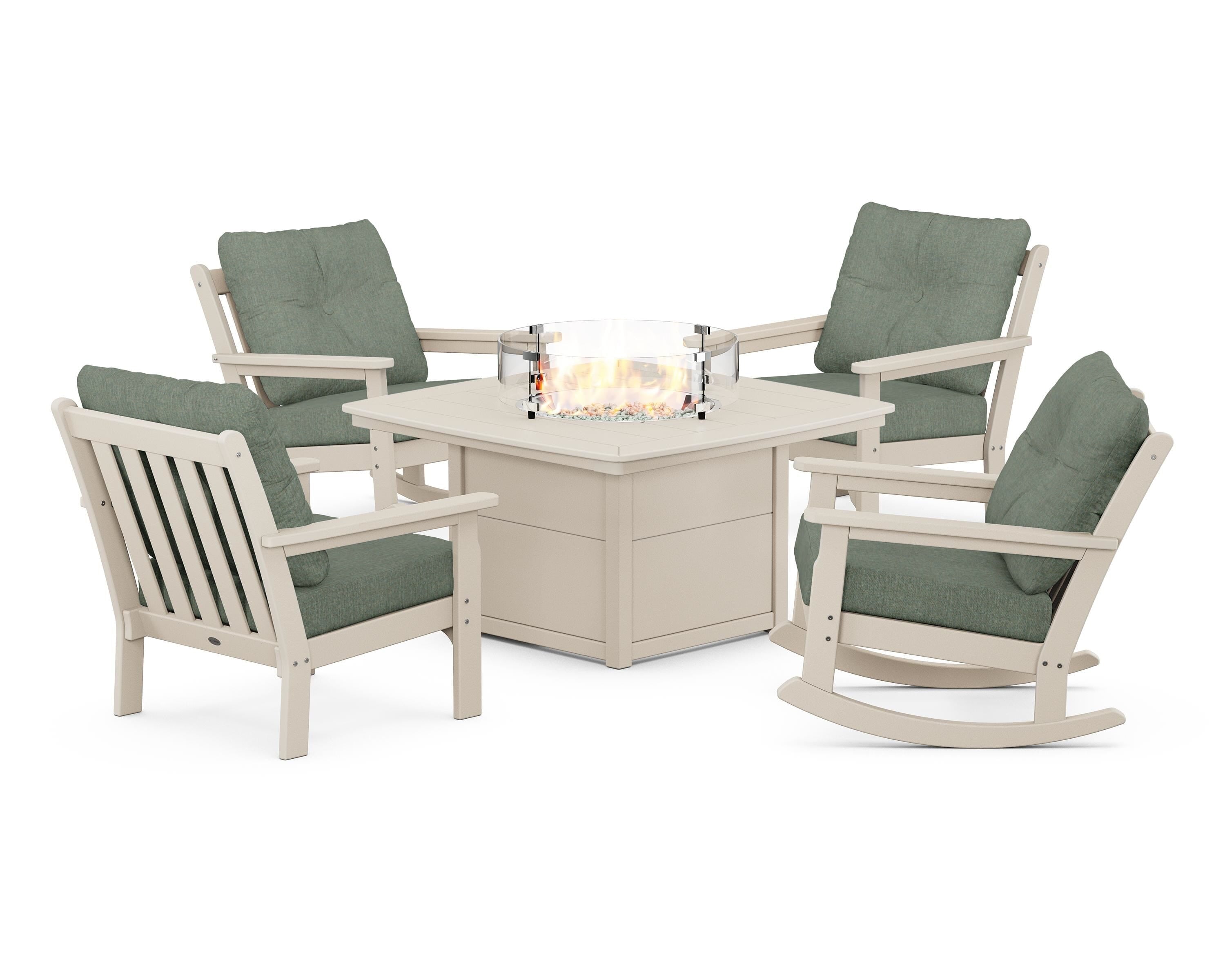 POLYWOOD Vineyard 5-Piece Deep Seating Rocking Chair Conversation Set with Fire Pit Table in Sand / Cast Sage