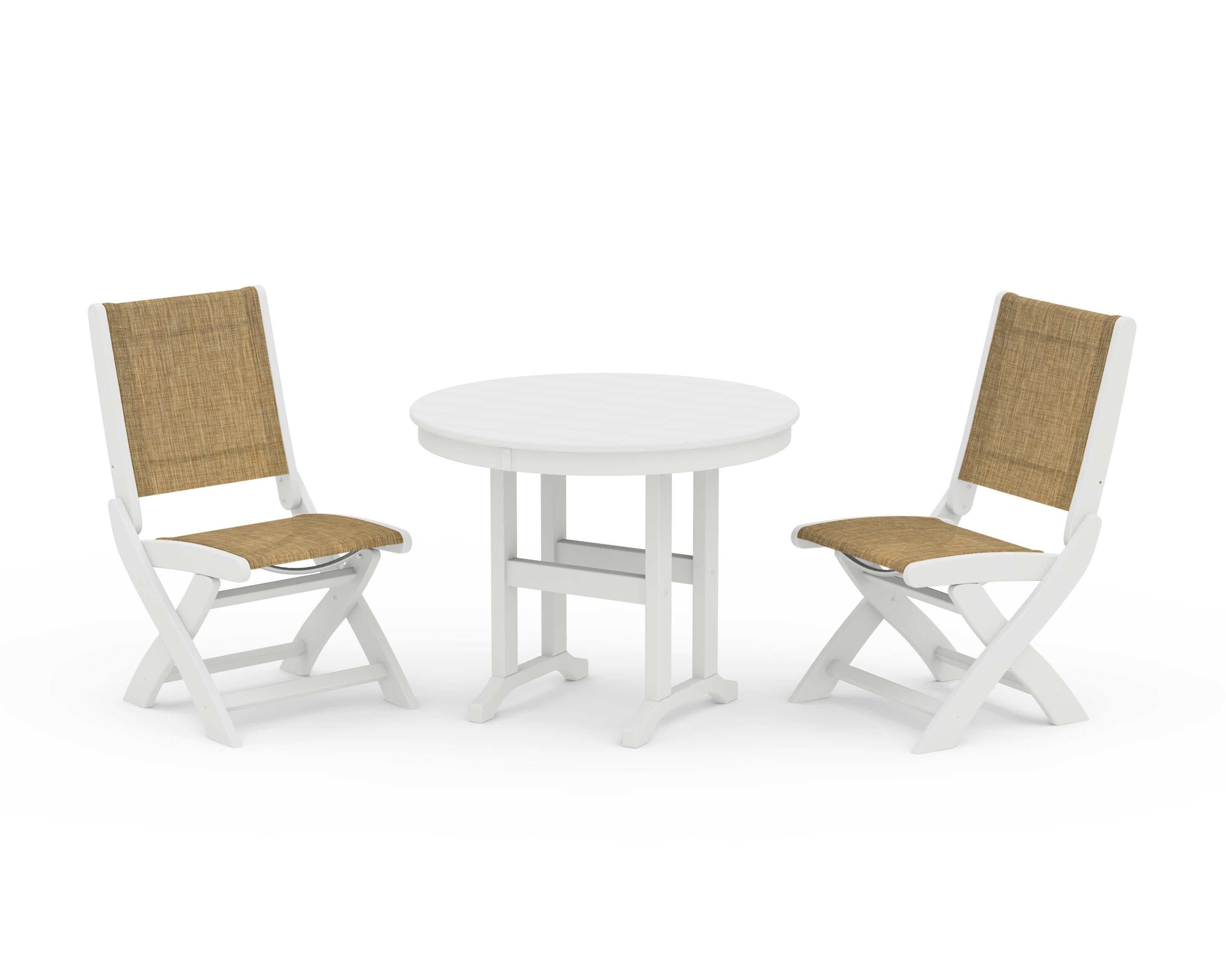 POLYWOOD Coastal Folding Side Chair 3-Piece Round Dining Set in White / Burlap Sling