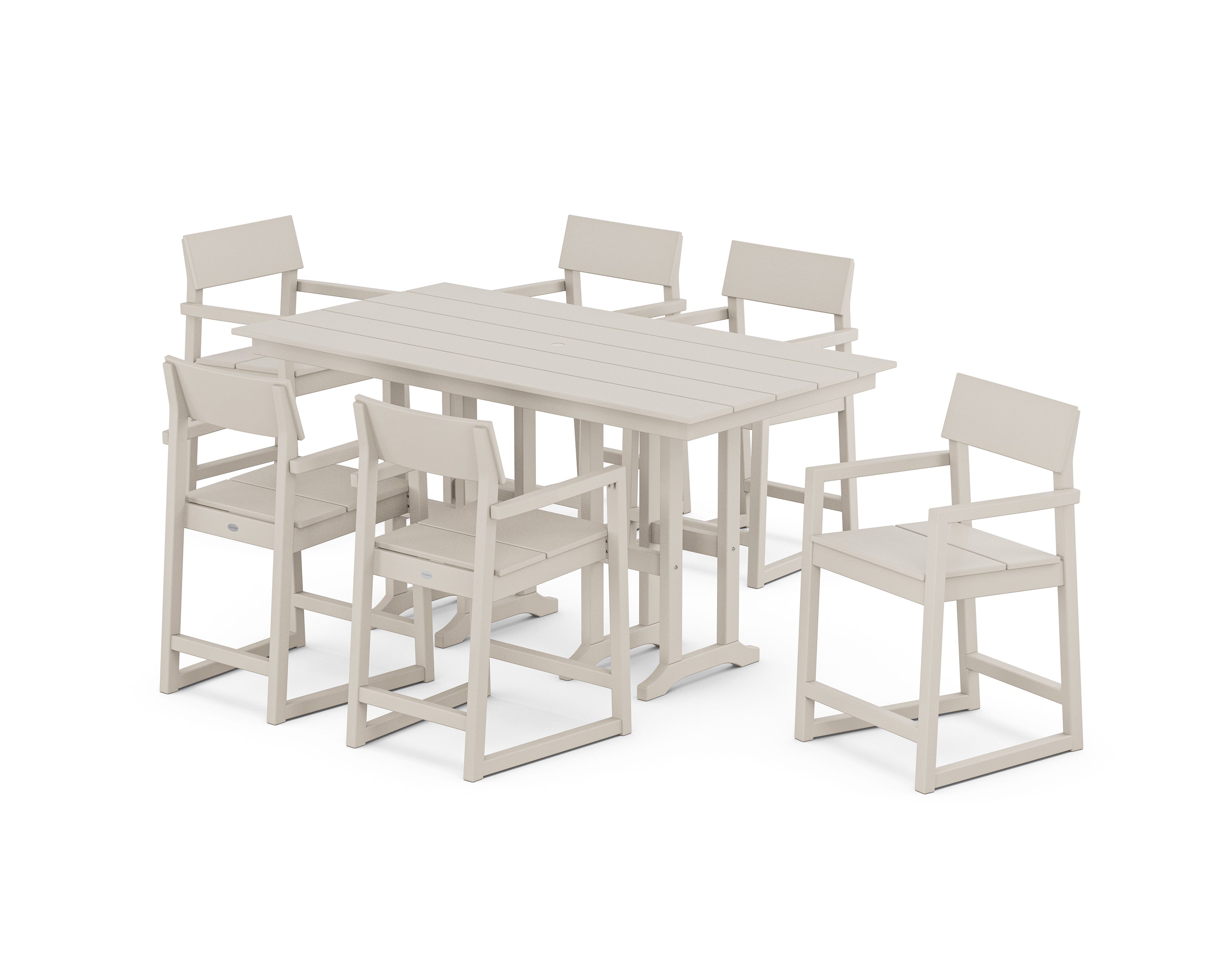 POLYWOOD® EDGE Arm Chair 7-Piece Farmhouse Counter Set in Sand