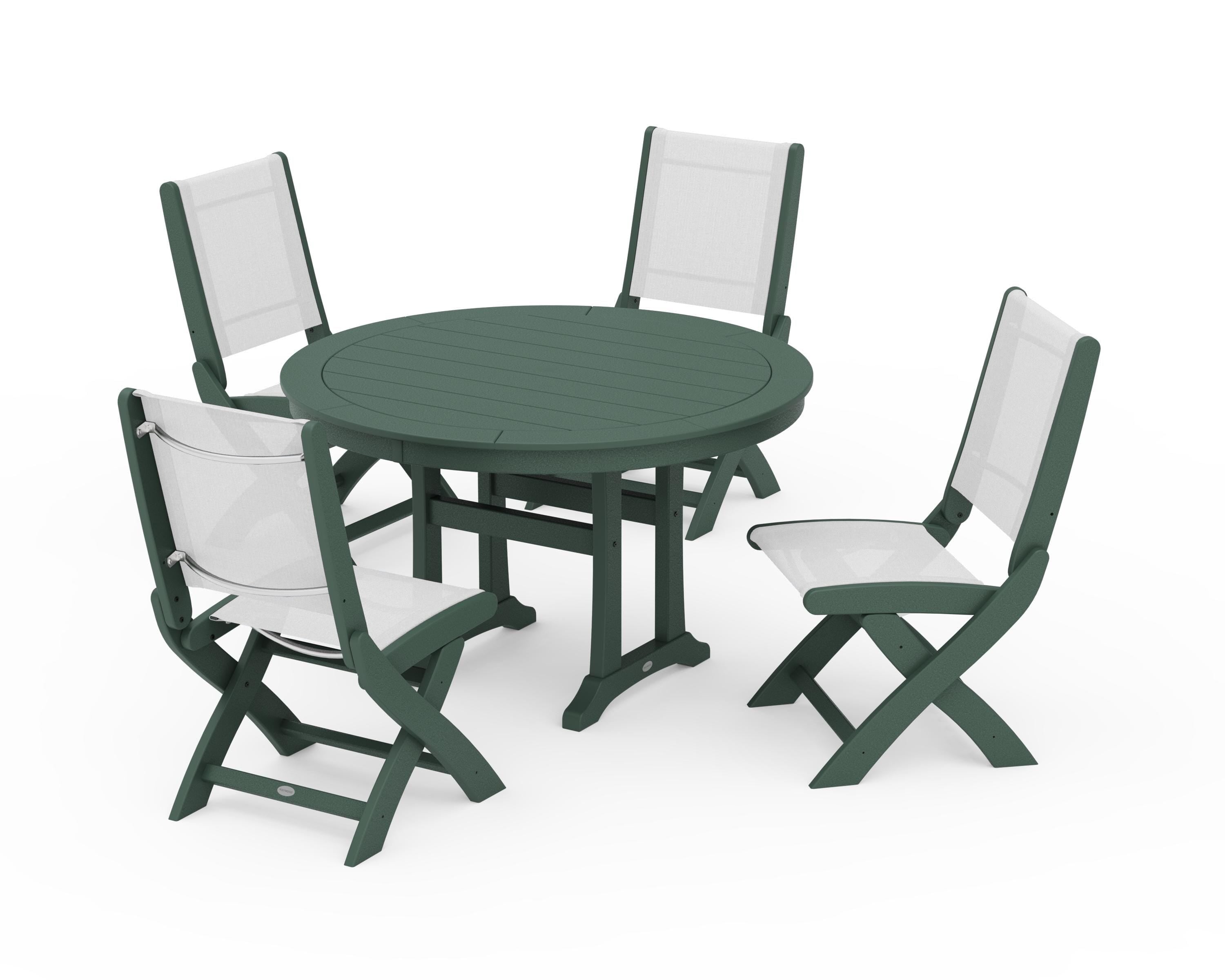 POLYWOOD Coastal Folding Side Chair 5-Piece Round Dining Set With Trestle Legs in Green / White Sling