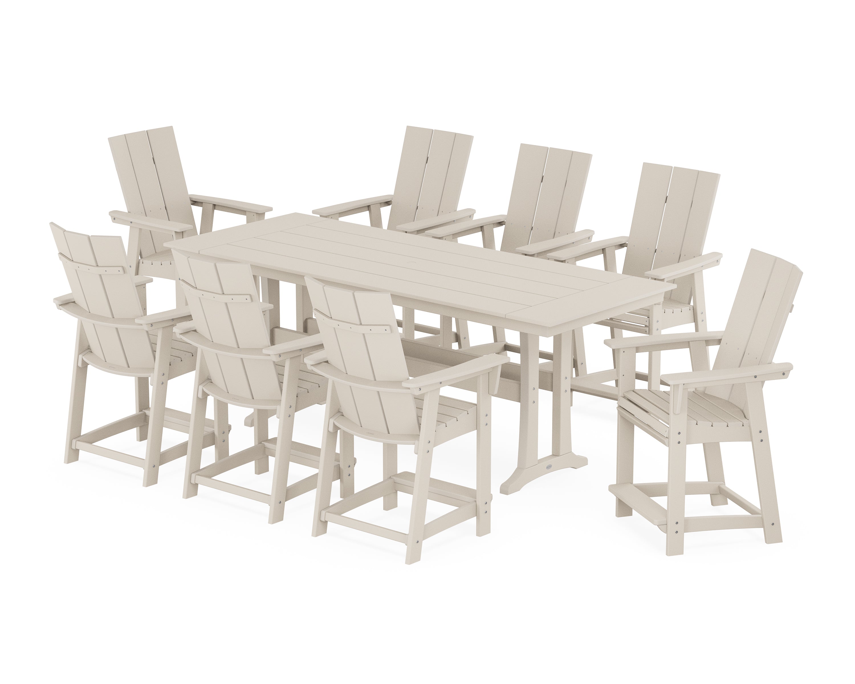 POLYWOOD® Modern Curveback Adirondack 9-Piece Farmhouse Counter Set with Trestle Legs in Sand