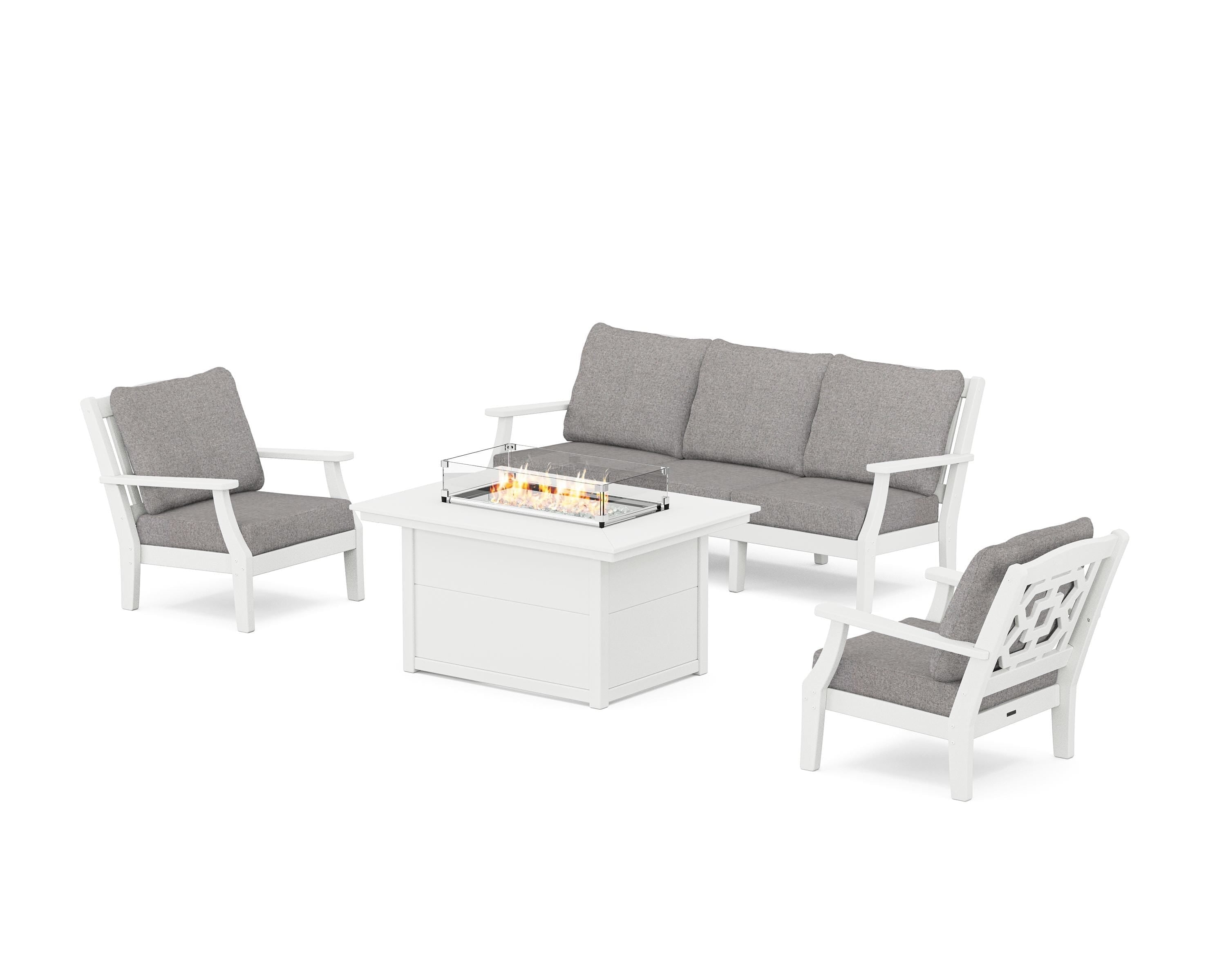 Martha Stewart by POLYWOOD Chinoiserie Deep Seating Fire Pit Table Set in White / Grey Mist
