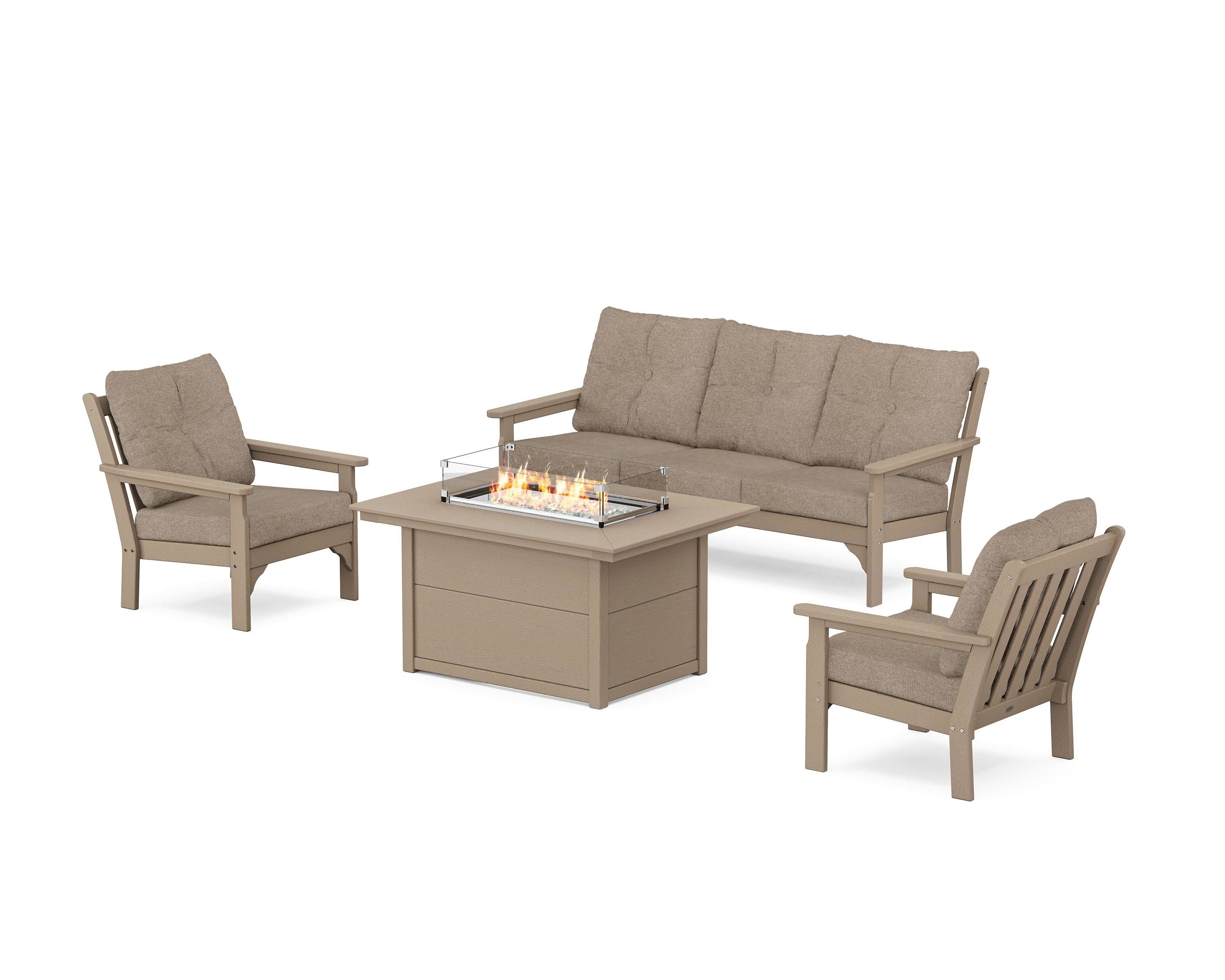 POLYWOOD Vineyard Deep Seating Fire Pit Table Set in Vintage Sahara / Spiced Burlap