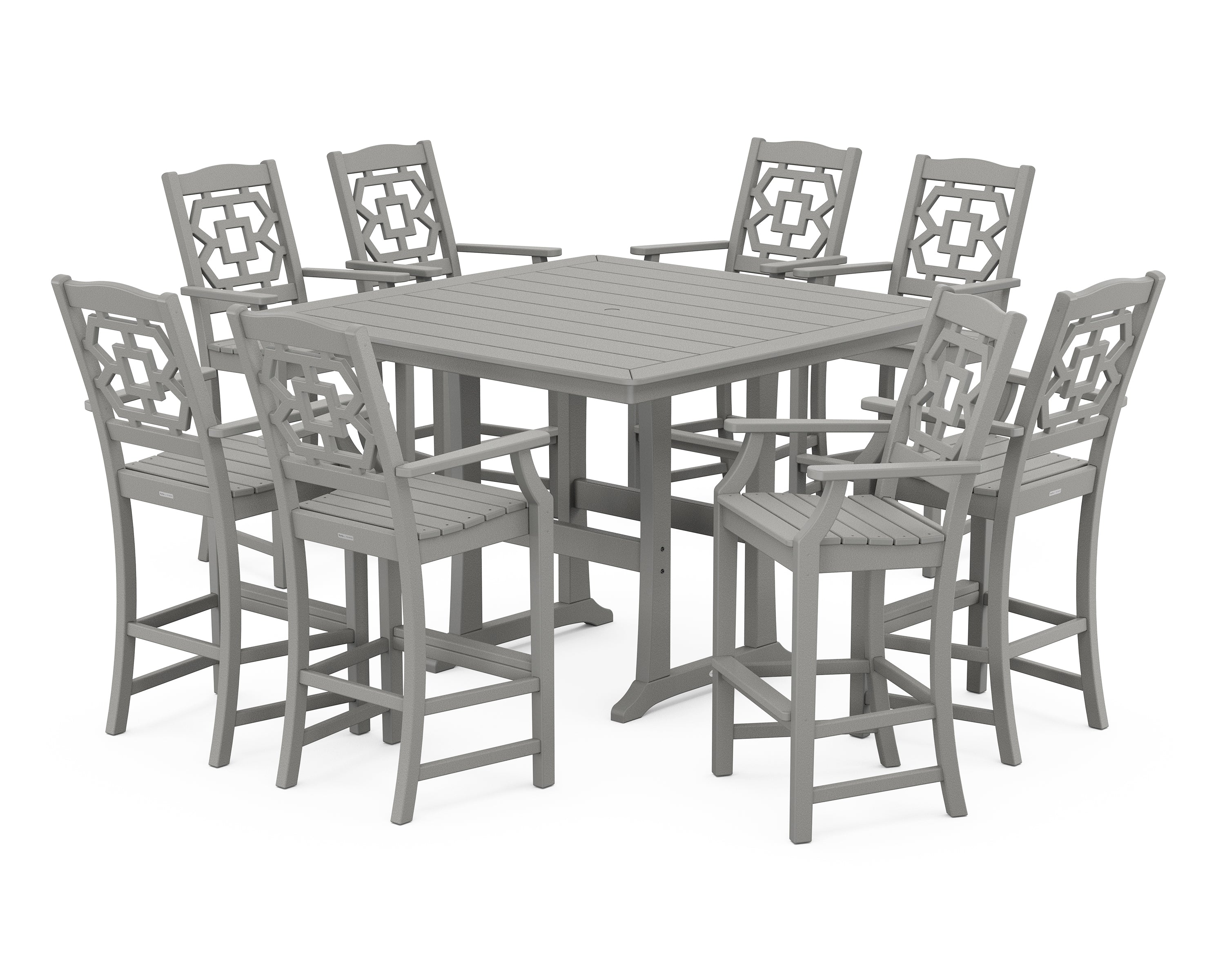 Martha Stewart by POLYWOOD® Chinoiserie 9-Piece Square Bar Set with Trestle Legs in Slate Grey